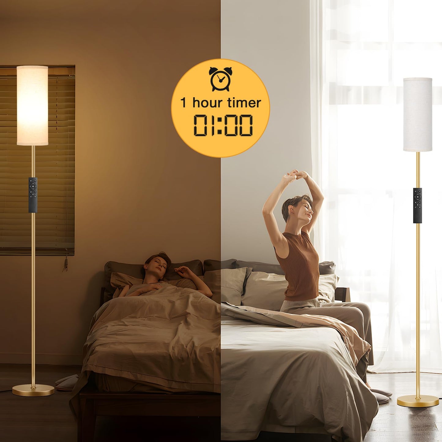 Ambimall Floor Lamp with Remote Control- Dimmable Standing Tall Lamp, Floor Lamps for Living Room, Bedrooms, Stepless Adjustable 3000K-6000K Colors, 10-100% Brightness, Foot Switch(Gold)