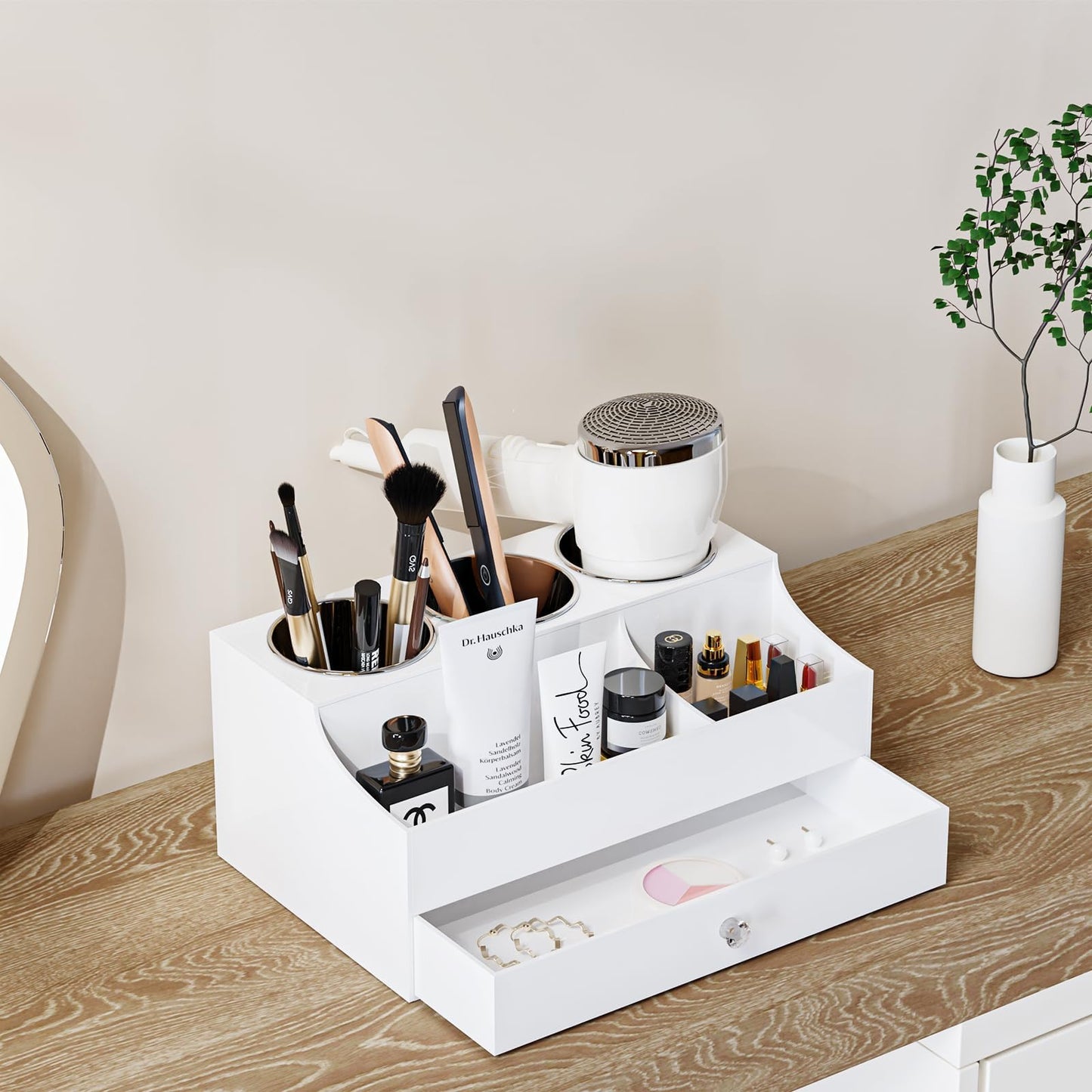 Hair Tool Organizer, Acrylic Hair Blow Dryer Holder Stand for Straightener and Curling Storage, Bathroom Vanity Countertop Organization for Makeup Accessories (White)