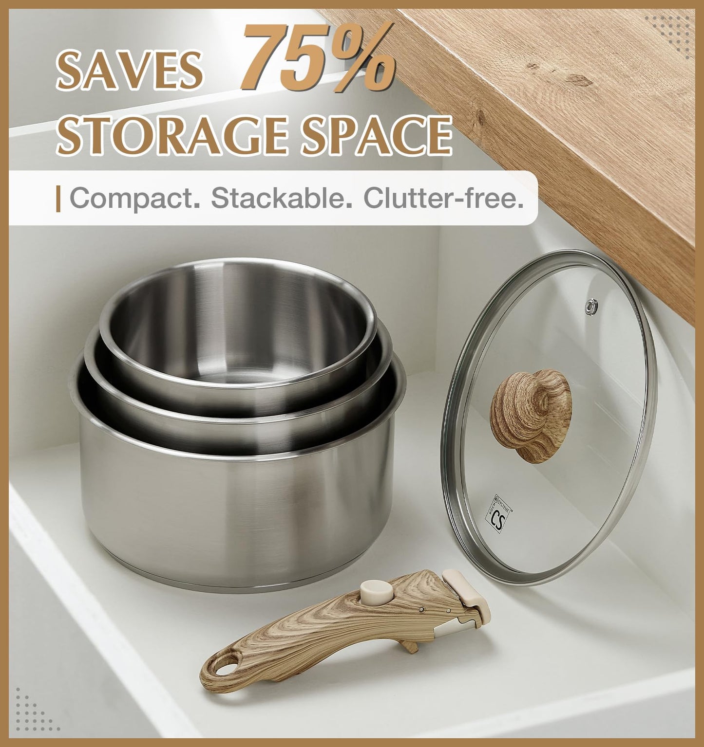 KOCH SYSTEME CS 6 PCS Stainless Steel Pot Set, 1.5QT & 2QT & 3QT Stainless Steel Saucepan with Removable Handle, Sauce Pan with Tri-Ply Steel Base, Induction Compatible, Dishwasher & Oven Safe