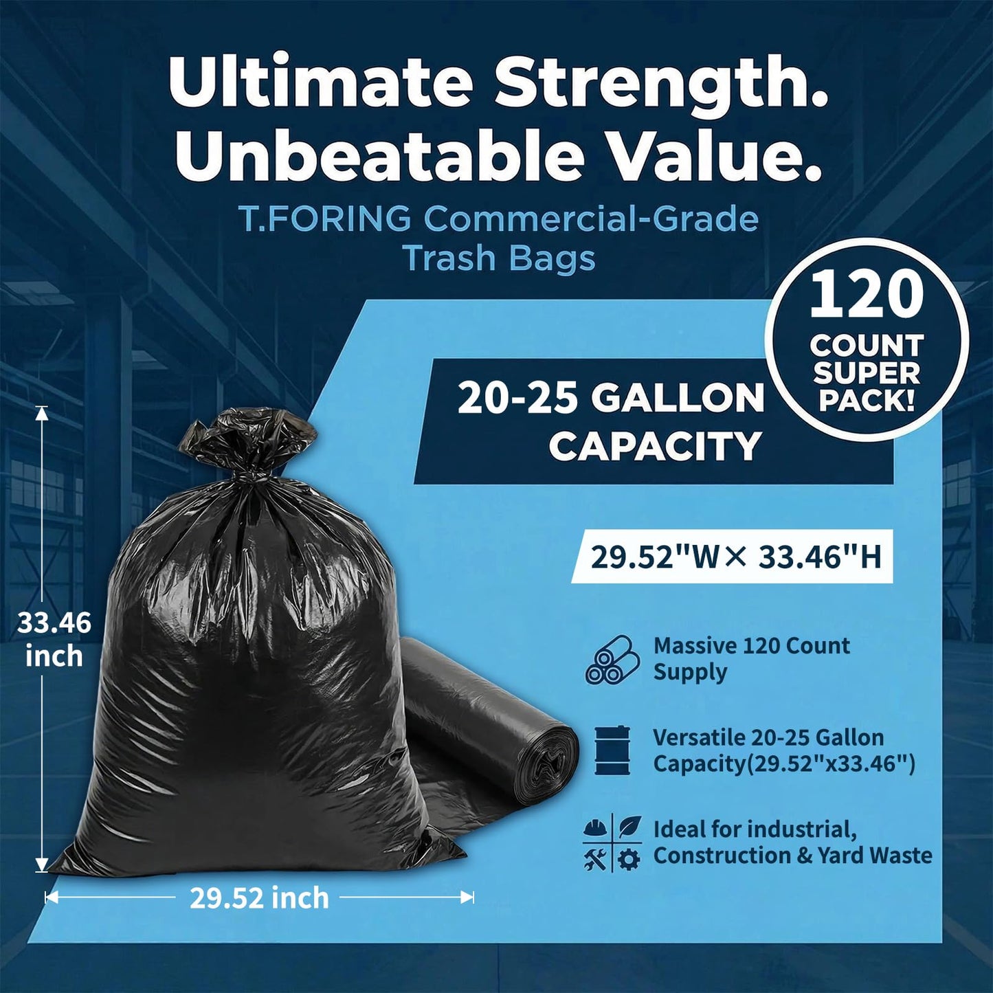 T.FORING Black Trash Bags 20-25 Gallon 120 Count -Large Kitchen Garbage Bags, Trash Can Liners Unscented, Multipurpose for Office,Home, Daily Household Use