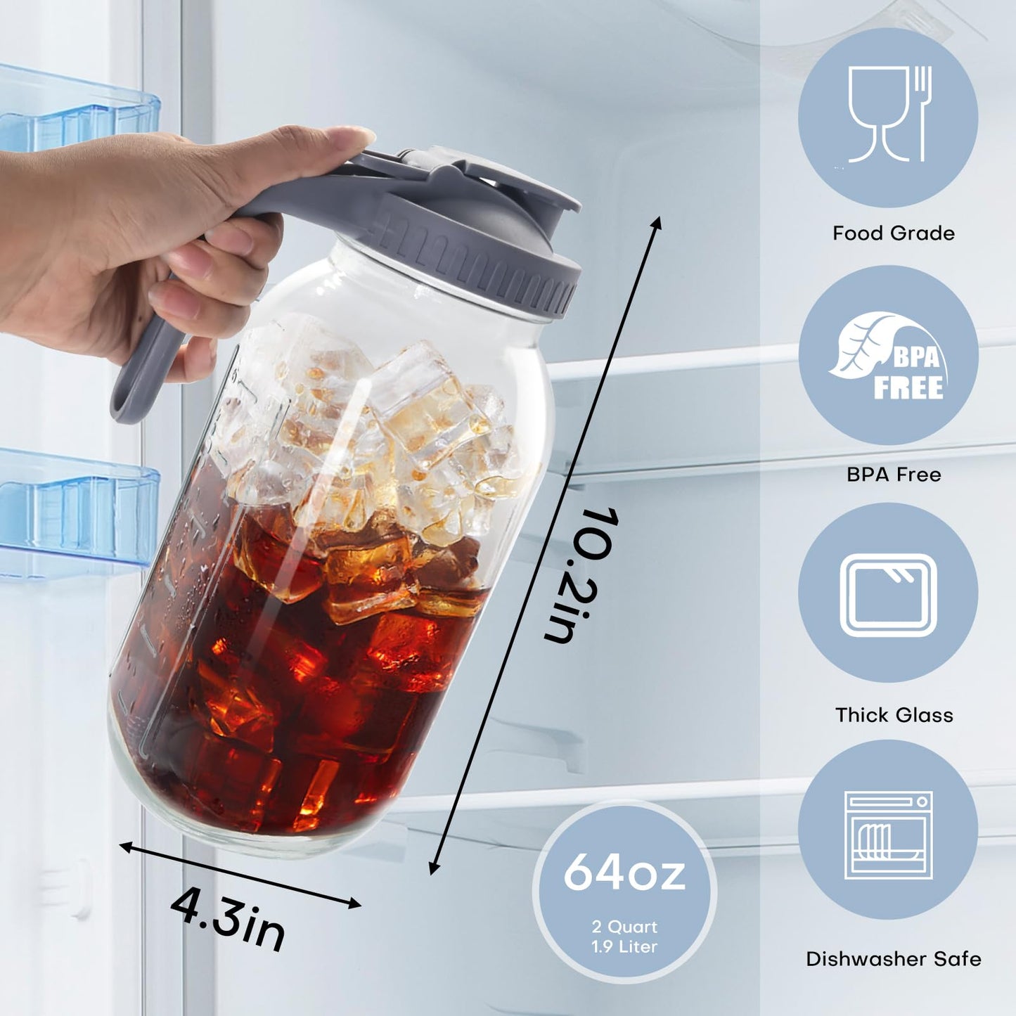 Fenhupe 64OZ Glass Mason Jar Pitcher with Lid, Leak-Proof Airtight Wide Mouth Jug for Cold Brew & Iced Tea, Milk, Juice and Sun Tea, Set of 2