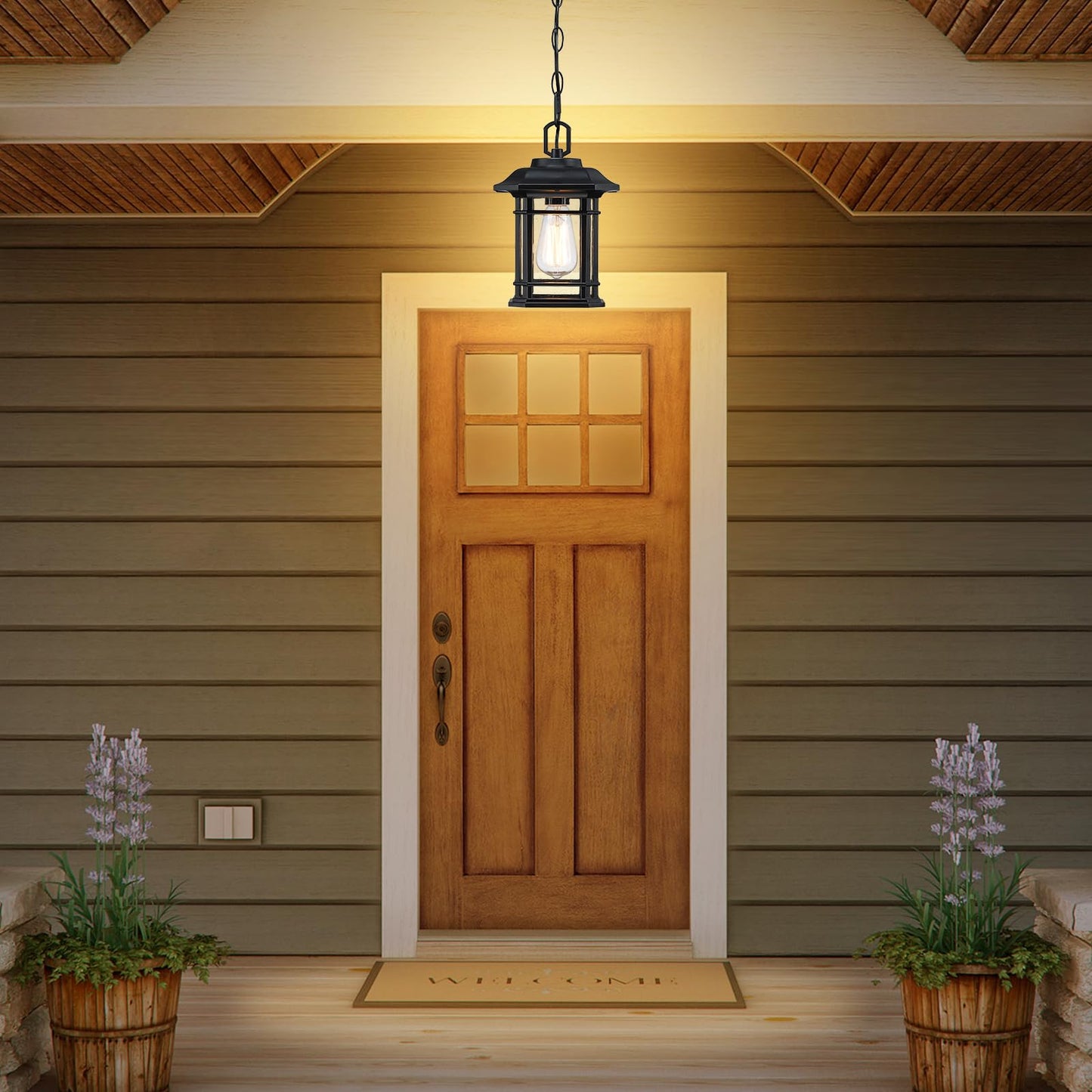 MYHXQ 11'' Outdoor Pendant Lights for Porch, Black Exterior Hanging Lanterns Outdoor, Farmhouse Outdoor Ceiling Light Fixture, Waterproof Tempered Seed Glass Outdoor Chandelier, 1Pack