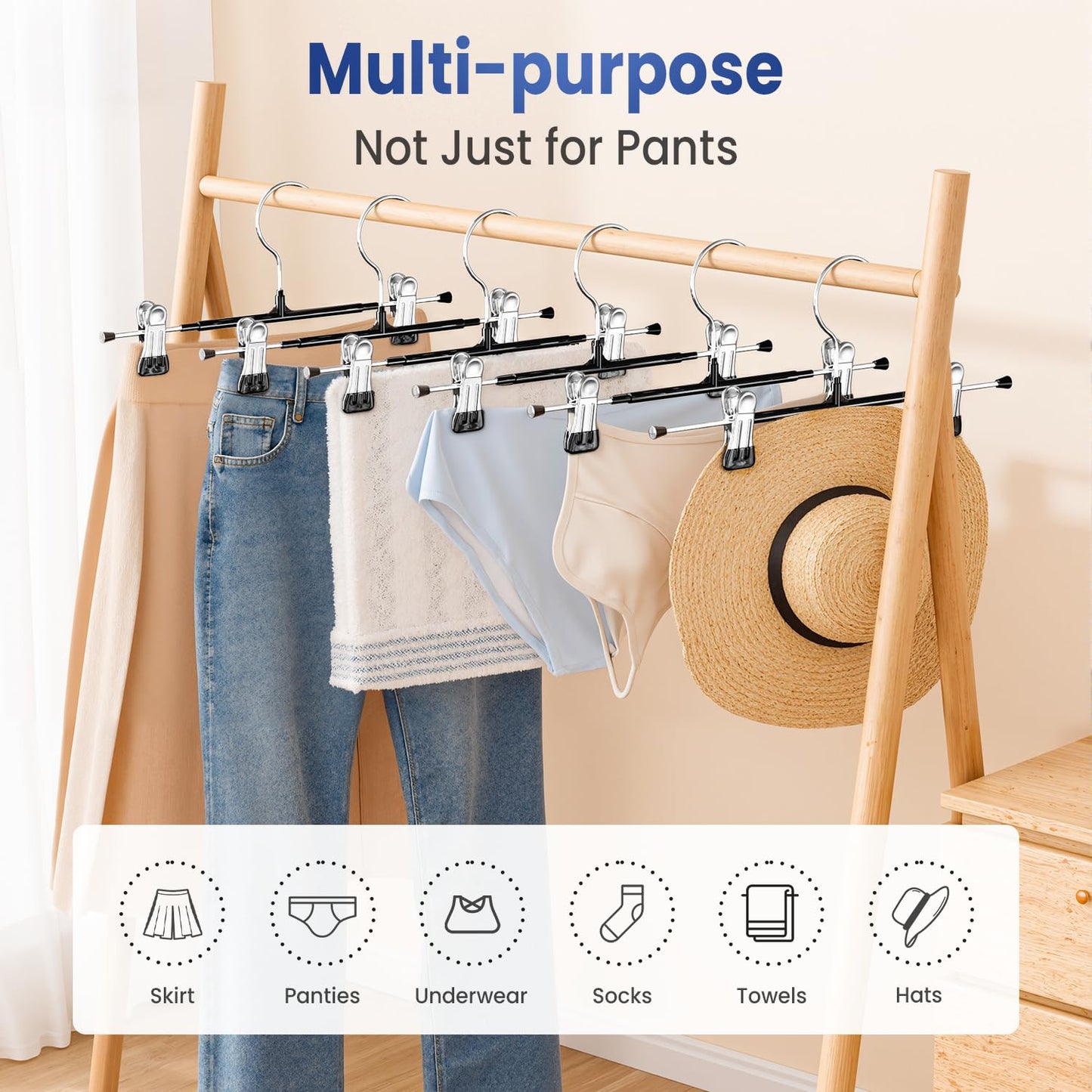 Pants Hangers with Clips Skirt Hangers 20 Pack, Space Saving 12Inch Adjustable Hanger Heavy Duty Non-Slip for Trousers, Jeans, Clothes, Shorts (Black, 20Pack)