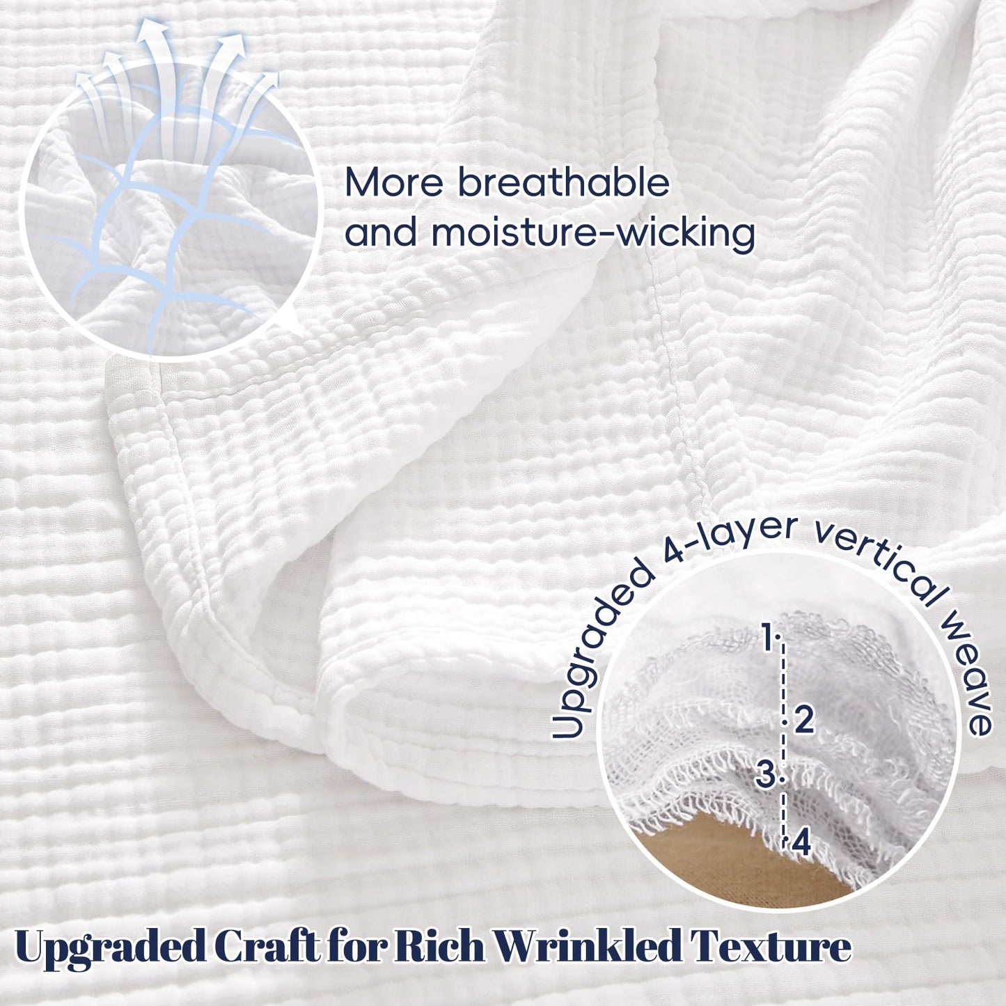 PHF 100% Cotton Muslin Blanket Queen Size 90" x 90", 4-Layer Lightweight and Breathable Blanket for Summer, Luxuriously Soft Gauze Bedding for Home Decor, White