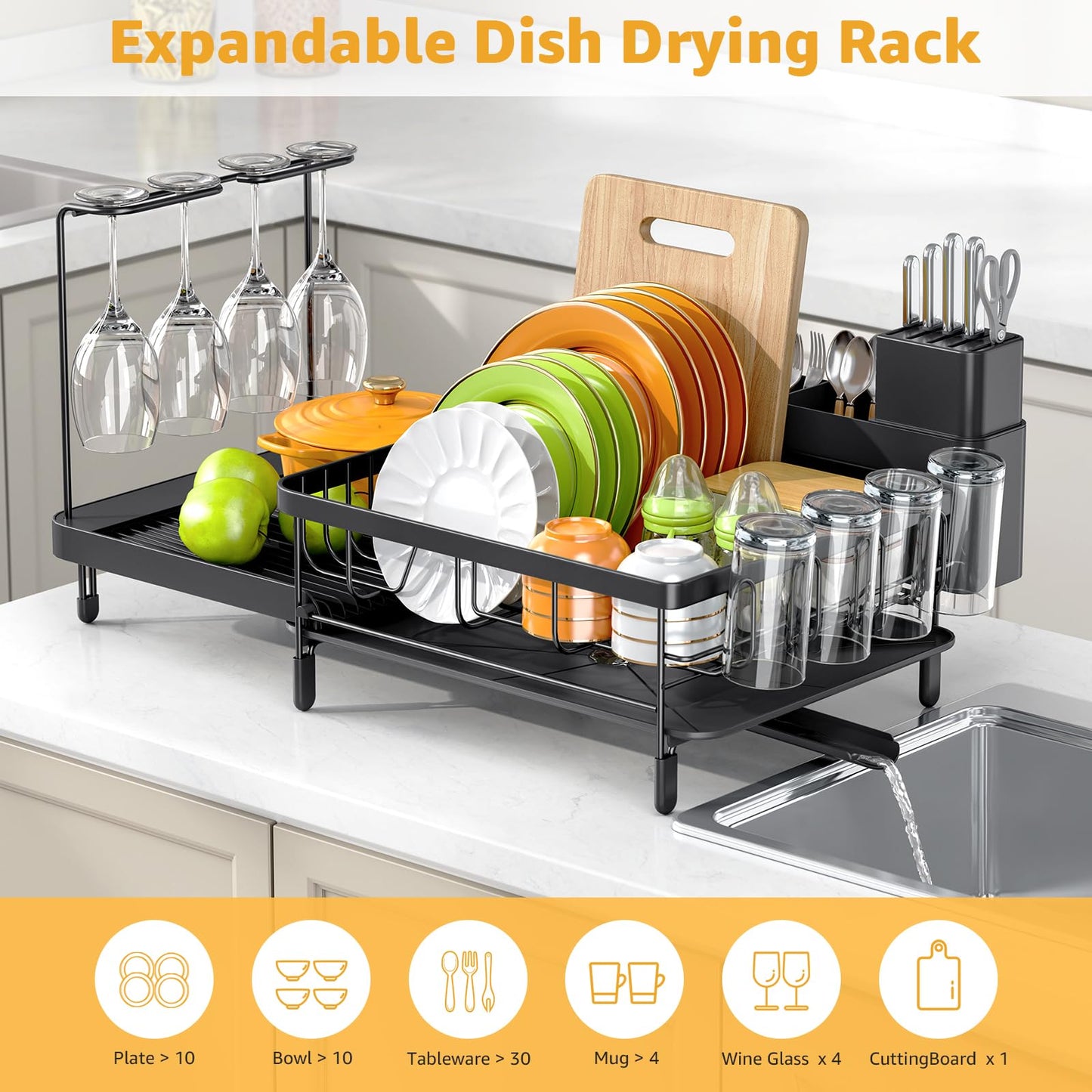 Urackify Large Dish Drying Rack, Expandable Dish Rack with Drain Board, Dish Drainer for Kitchen Couter, Dish Dryer Rack with Cups and Cutlery Holders, Matte Black