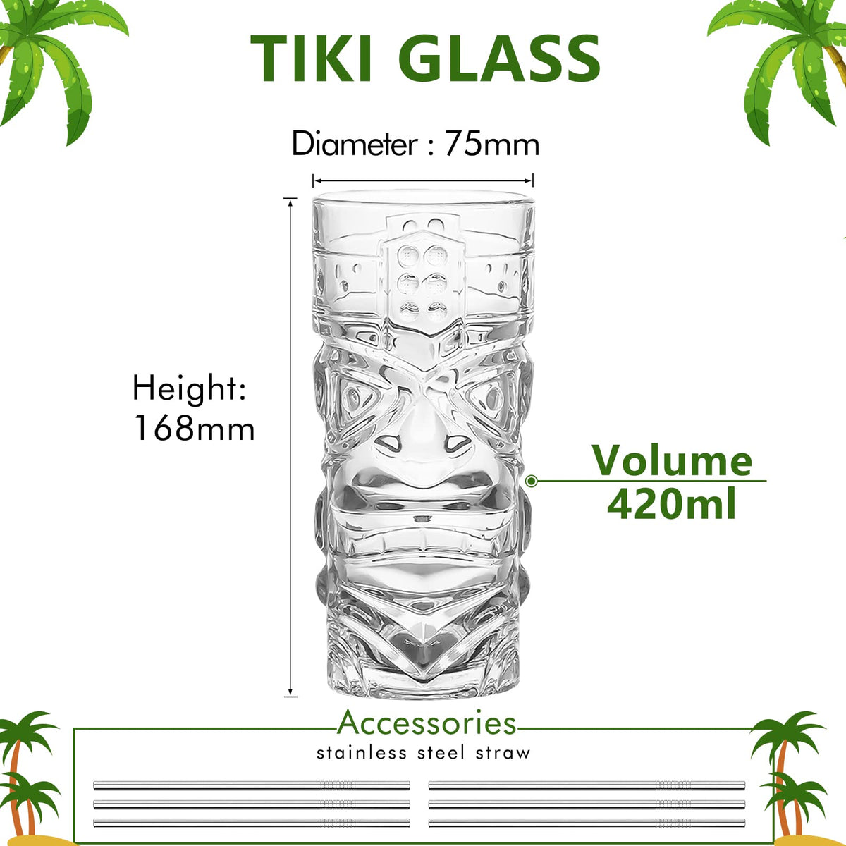 Clear Tiki Glasses Set of 6-14 oz Modern Bar Tiki Cocktail Glasses Perfect for Exotic Cocktails,Mai Tai, Hawaiian Style Cocktails, Tropical Island Drinksware Set