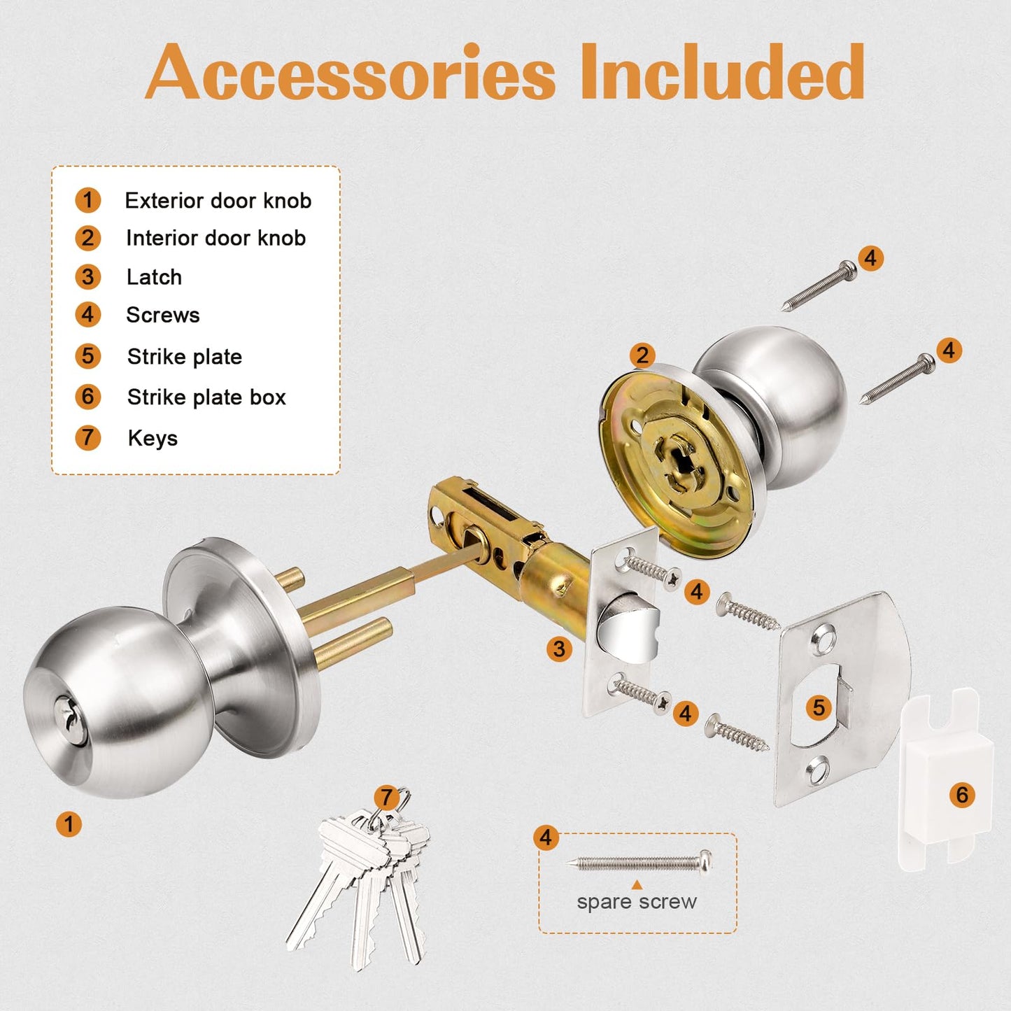 Probrico 2 Pack Keyed Alike Entry Door Knobs with Lock and Key Ball Door Knob Handles Entrance Door Lockset Brushed Nickel Finish