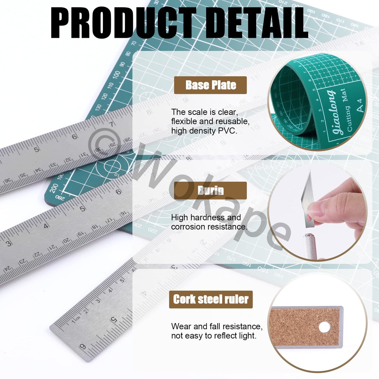 Wokape 10Pcs Stainless Steel Cork Back Rulers Accessories Kit, Including 6" 12" 18" Straight Edge Cork Base Rulers, Craft Knife Precision Hobby Knife Kit, HB Pencils with Erasers for Drafting