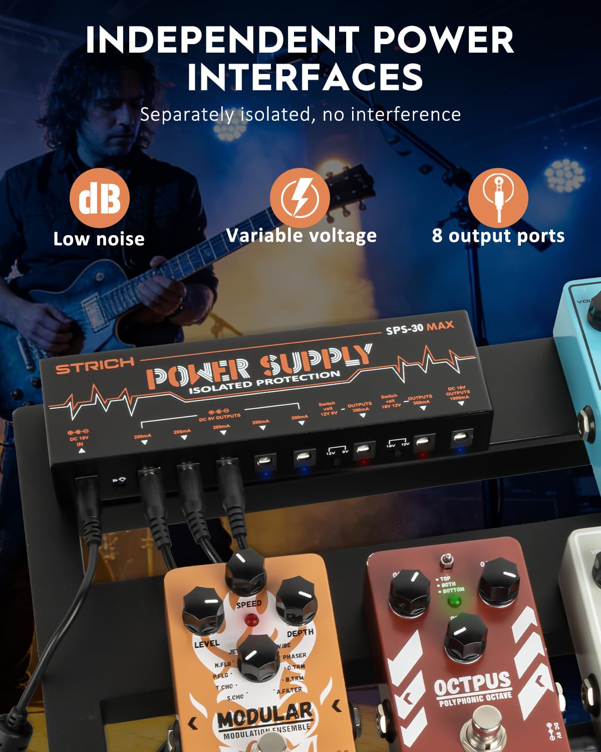 STRICH Guitar Pedal High Power Supply, Pedalboard Power Supply with 8 Totally Independent DC 9V/12V/18V Outputs(200mA/300mA/1000mA) for Power-hungry Effect Pedal, SPS-30 MAX
