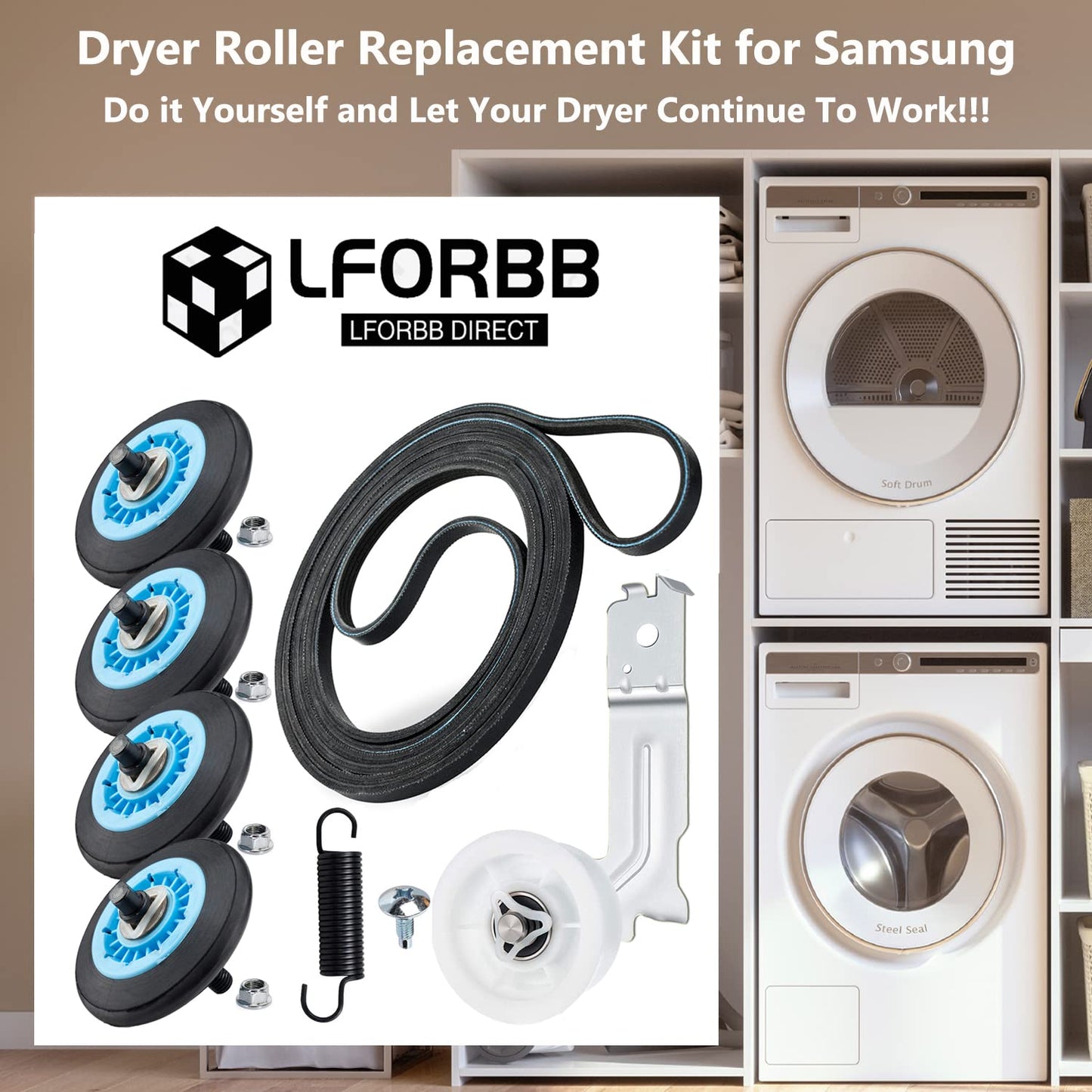 DV42H5000EW/A3 DV45H7000EW/A2 Dryer Roller Replacement Repair Kit Compatible with Samsung Dryer Includes DC97-16782A Dryer Roller DC93-00634A Idler Pulley 6602-001655 Dryer Belt