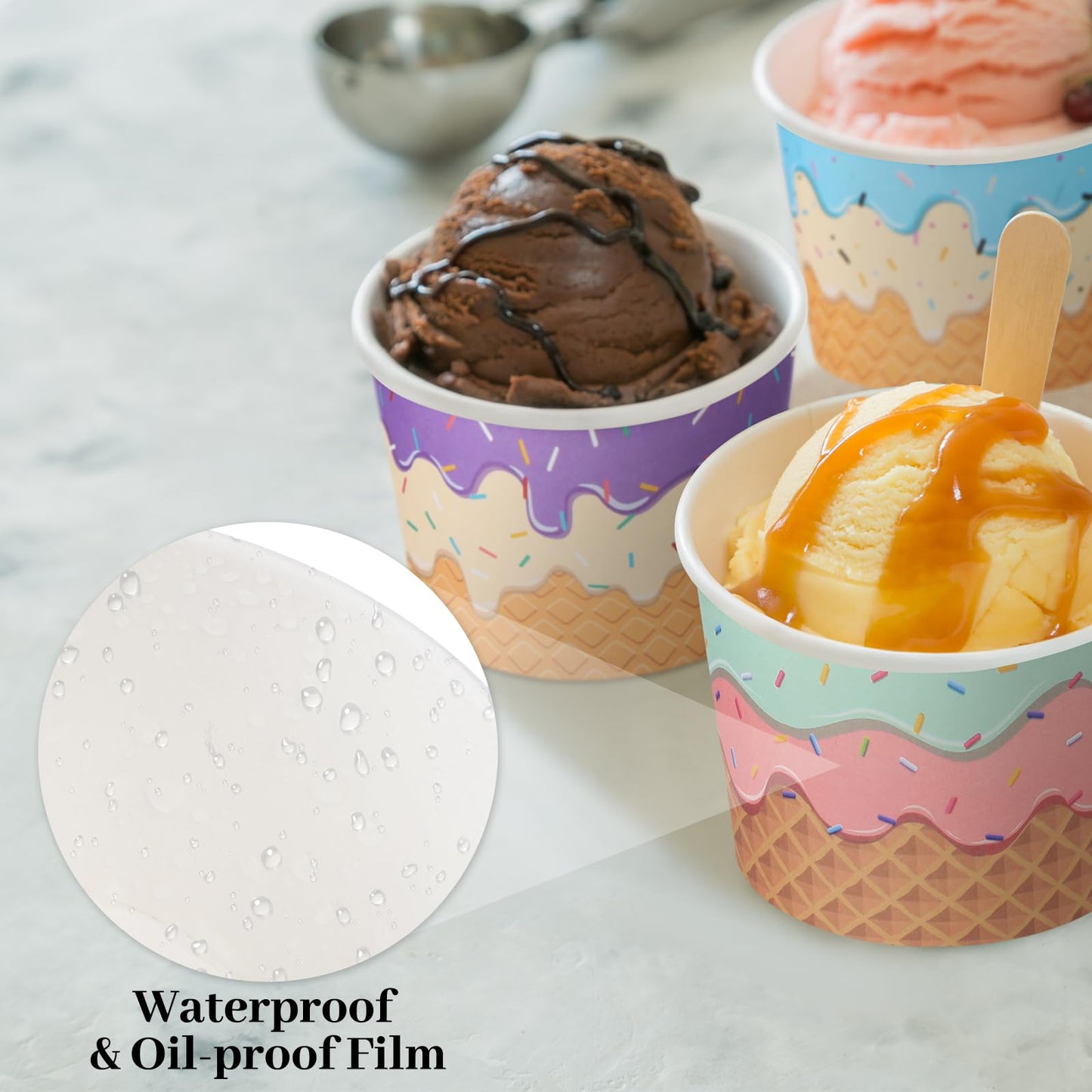 Aodaer 300 Pack 8 Ounces Disposable Ice Cream Containers Sundae Bowls Tea Party Decorations Summer Snack Cups Paper Dessert Yogurt Cups for Party Bar Supplies (Waffle)
