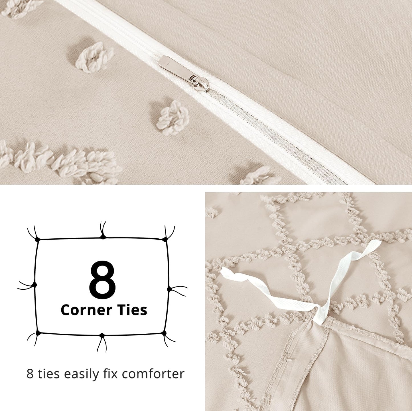 HYMOKEGE Duvet Cover Queen Size, Boho Tufted Duvet Cover Set 3 Pieces, Soft & Lightweight Shabby Chic, Embroidery Bedding Set for All Seasons, 90" × 90" & 2 Pillow Shams, Beige