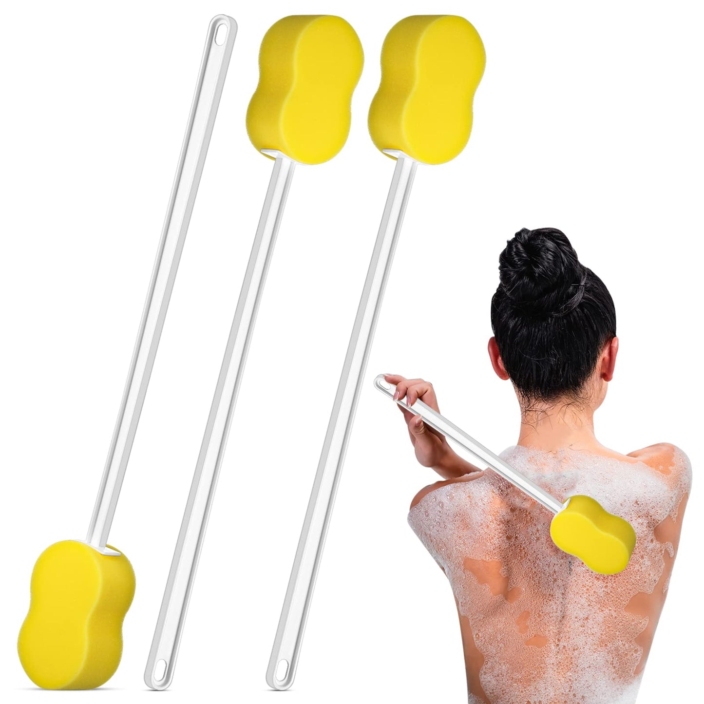 Yetene 3 Pcs Long Handle Bath Sponge 22.4'' Back Sponge on a Stick Lightweight Back Washer Handled Butt Scrubber Shower Brush for Foot Body Cleaning Bathing Limited Motion, Yellow(8-shape Style)
