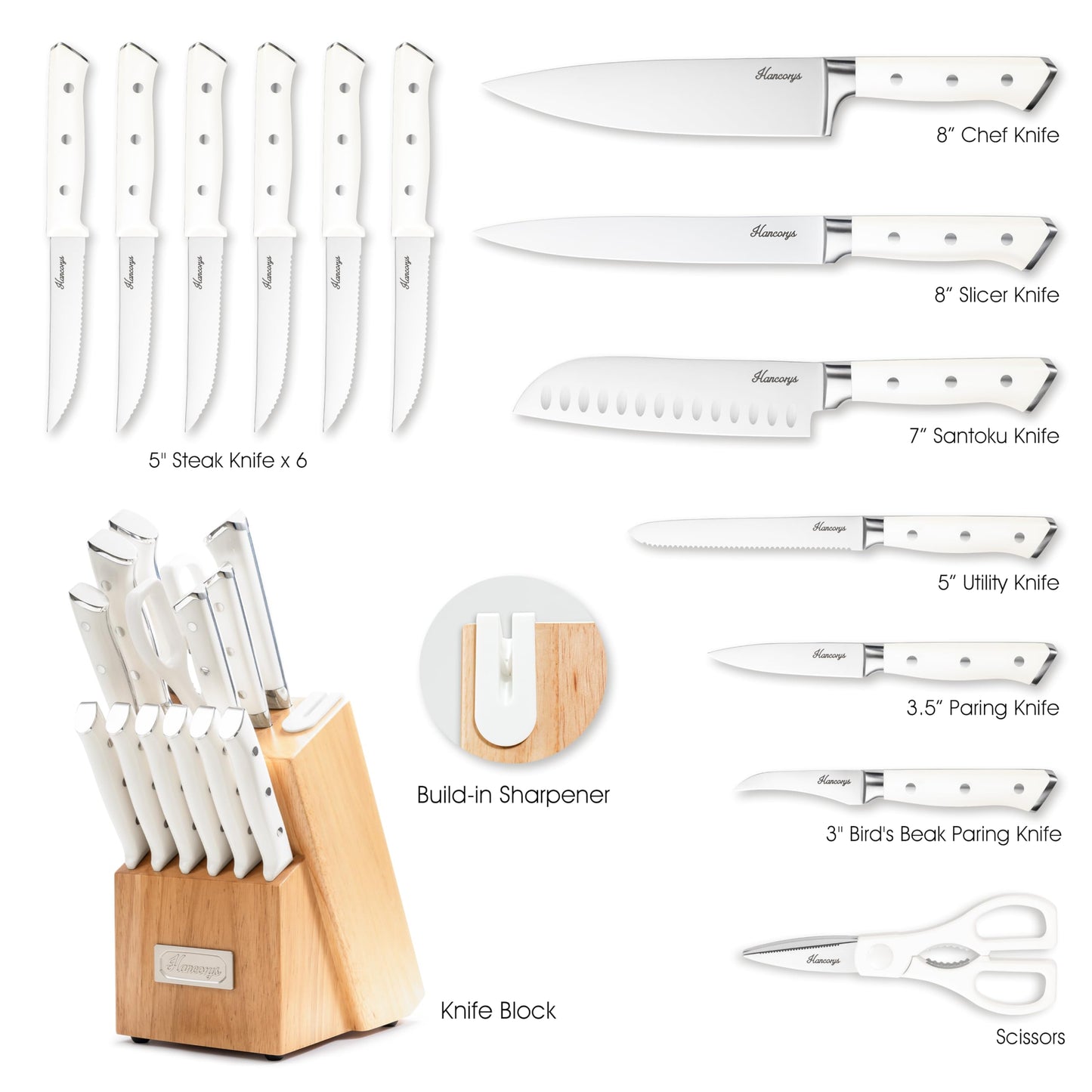 Hancorys Knife Set, 15 Pcs Kitchen Knife Block Set, Enduring Ultra Sharp High Carbon German Stainless Steel Chef Knives Set with Built-in Sharpener, Full Tang Ergonomic Handle, White