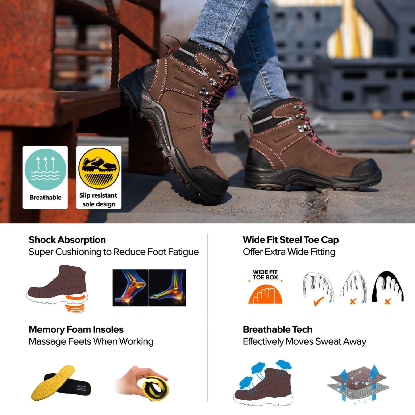 Women's Steel Toe Boots Waterproof Cow Leather Lightweight Work Boots for Women Fire Safety Boots Non Slip Puncture Resistant(Size 7)