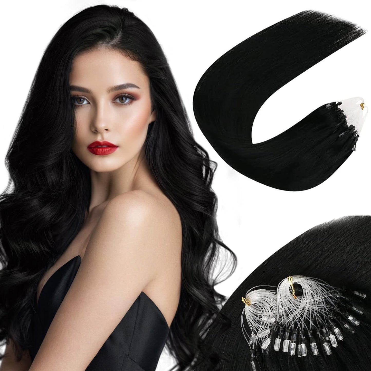 Sunny Hair Micro Beads Hair Extensions Invisible Micro Loop Hair Extensions Human Hair Straight Micro Ring Hair 50G/50S Micro Link Hair Extensions for Women Black 24inch