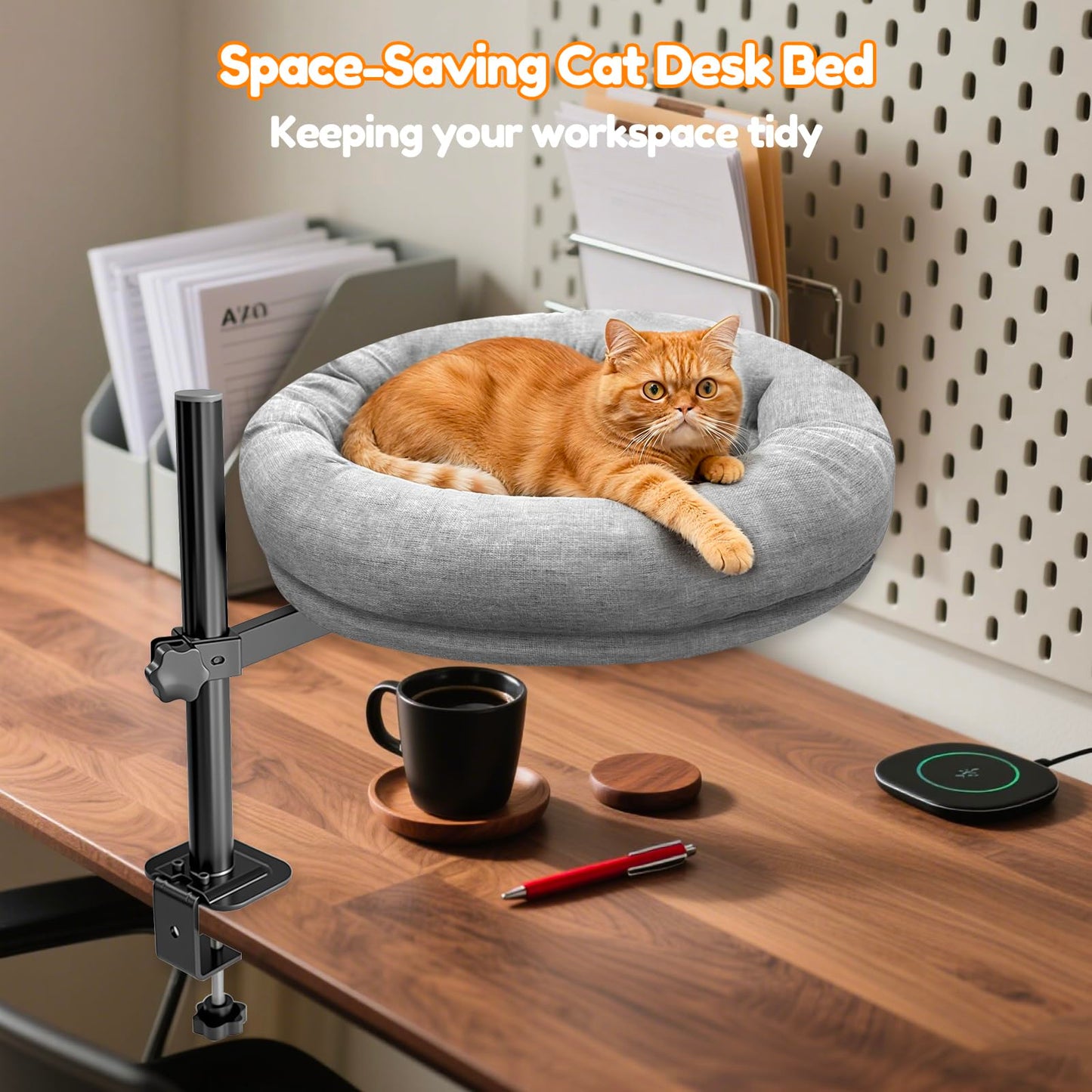 Homegroove Cat Desk Bed, Cat Bed for Desk with 360° Rotation & Height Adjustable, Cat Desk Perch with Soft Cushion, Sturdy Steel Frame, Supports Up to 40 lbs, Easy Installation (Grey)