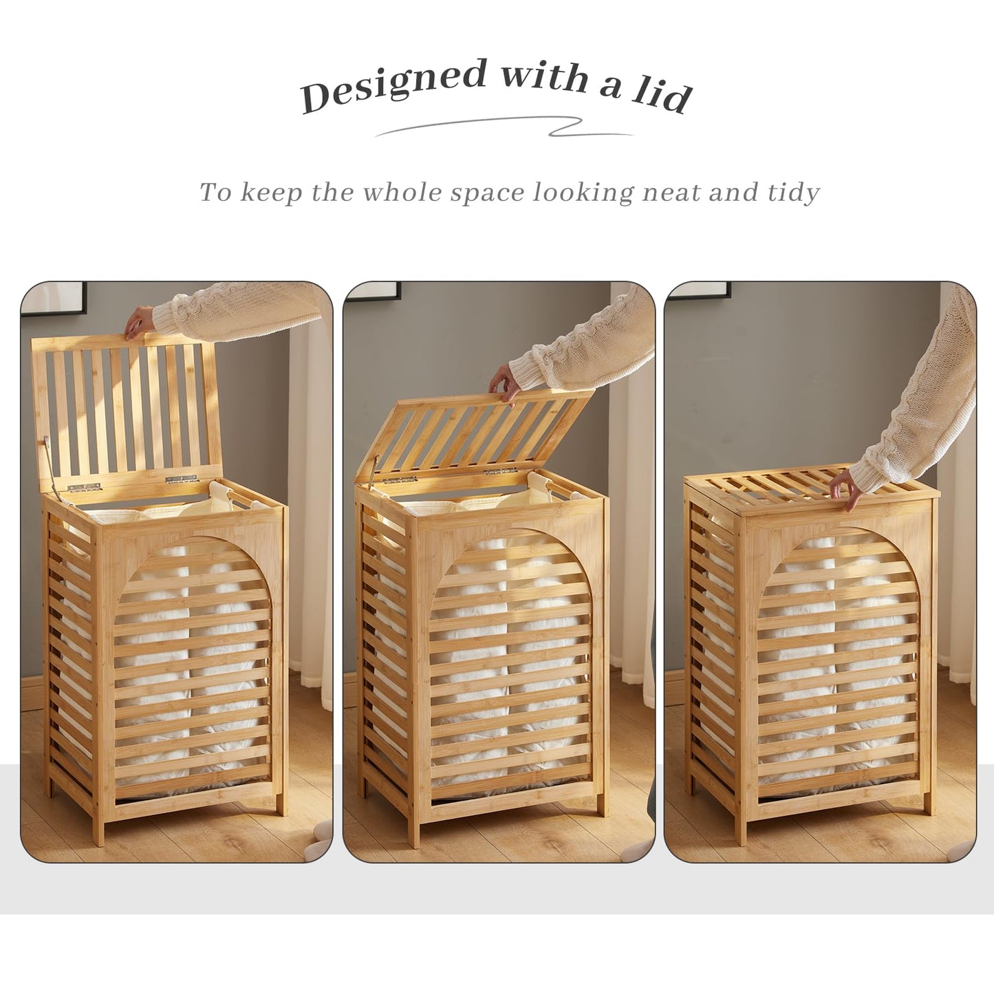 Laundry Hamper with Lid,Bamboo Large Waterproof Clothes Laundry Basket,Removable Washing Bags with Handles,clothes basket (Natural)