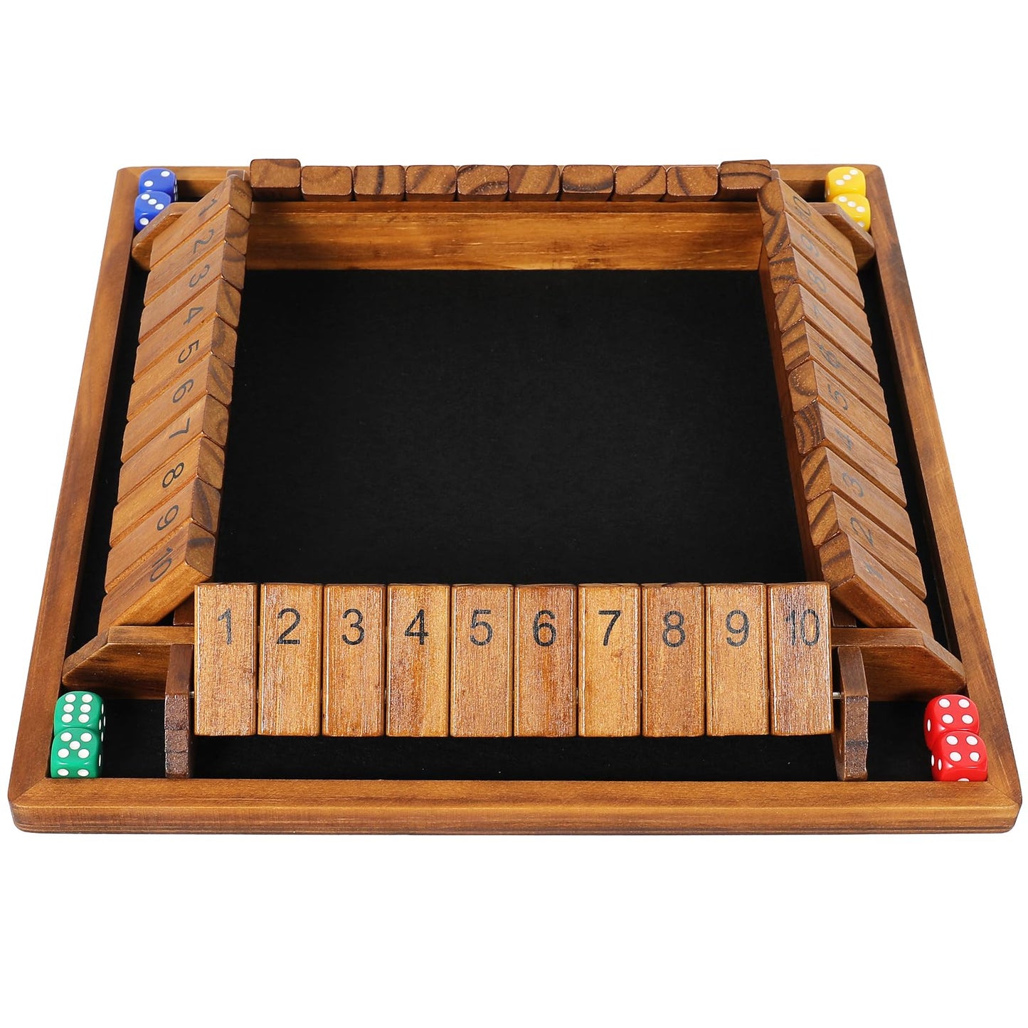 VAMSLOVE 12 inches Shut The Box Dice Game Wooden Board for 2-4 Player, 4 Sided 10 Numbers Math Games with 8+4 Dices Close The Box for Kids Adults(Instructions Included)
