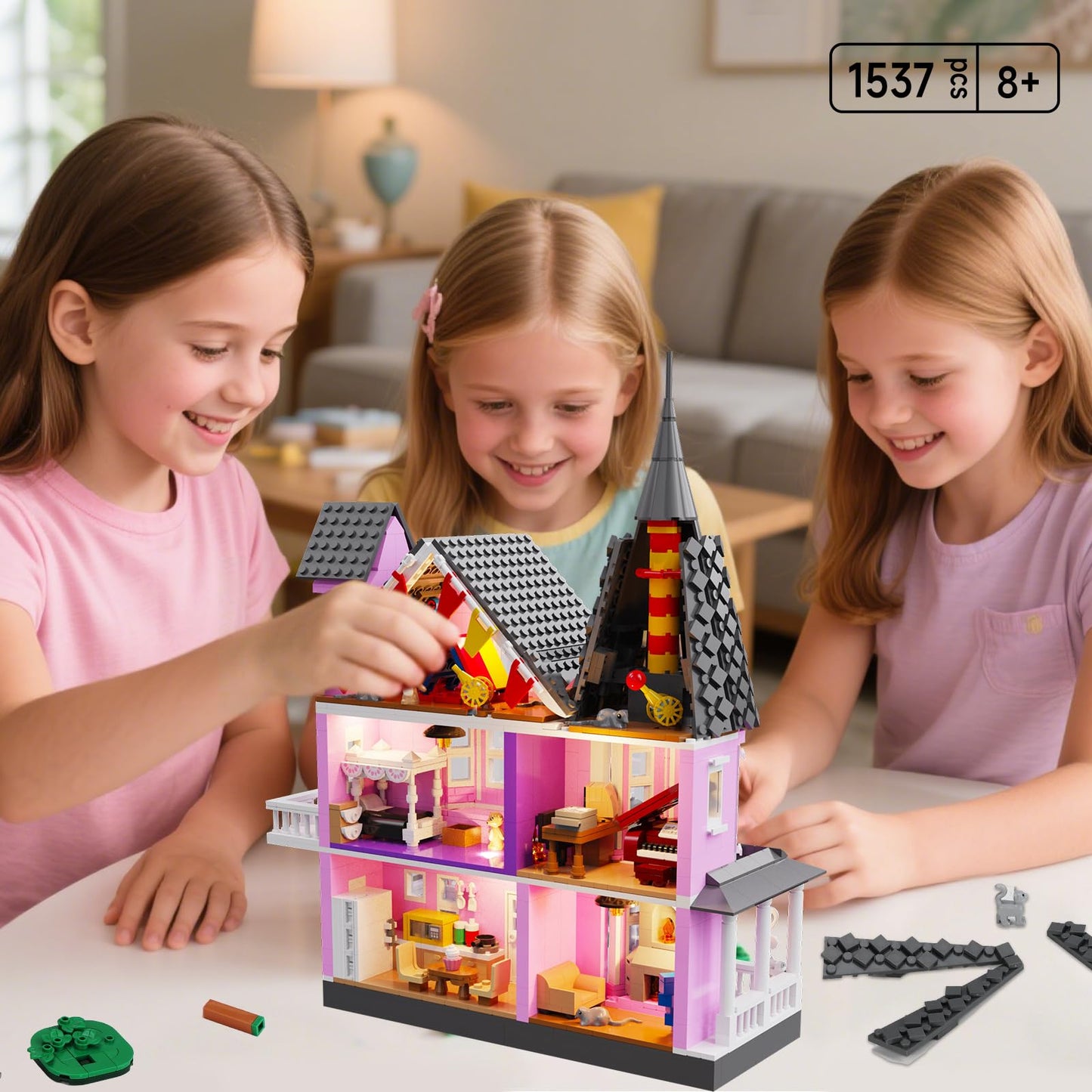 Pink Girls House Building Set with Light, Haunted House Construction Building Toys, Architecture Building Kit for Adults, Halloween for Boys Kids 8-12 (1537 PCS)