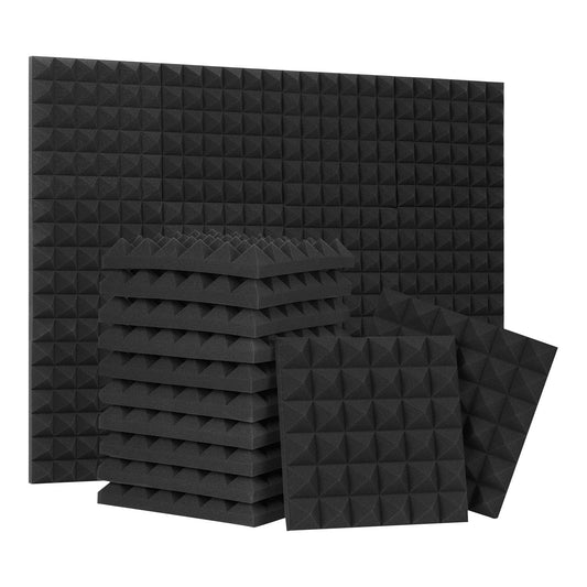 24 Pack-12 x 12 x 2 Inches Pyramid Designed Acoustic Foam Panels, High Density Black Acoustic Panels for Wall and Ceiling, Fire Proof Studio Foam with Double Side Adhesive Tape Included