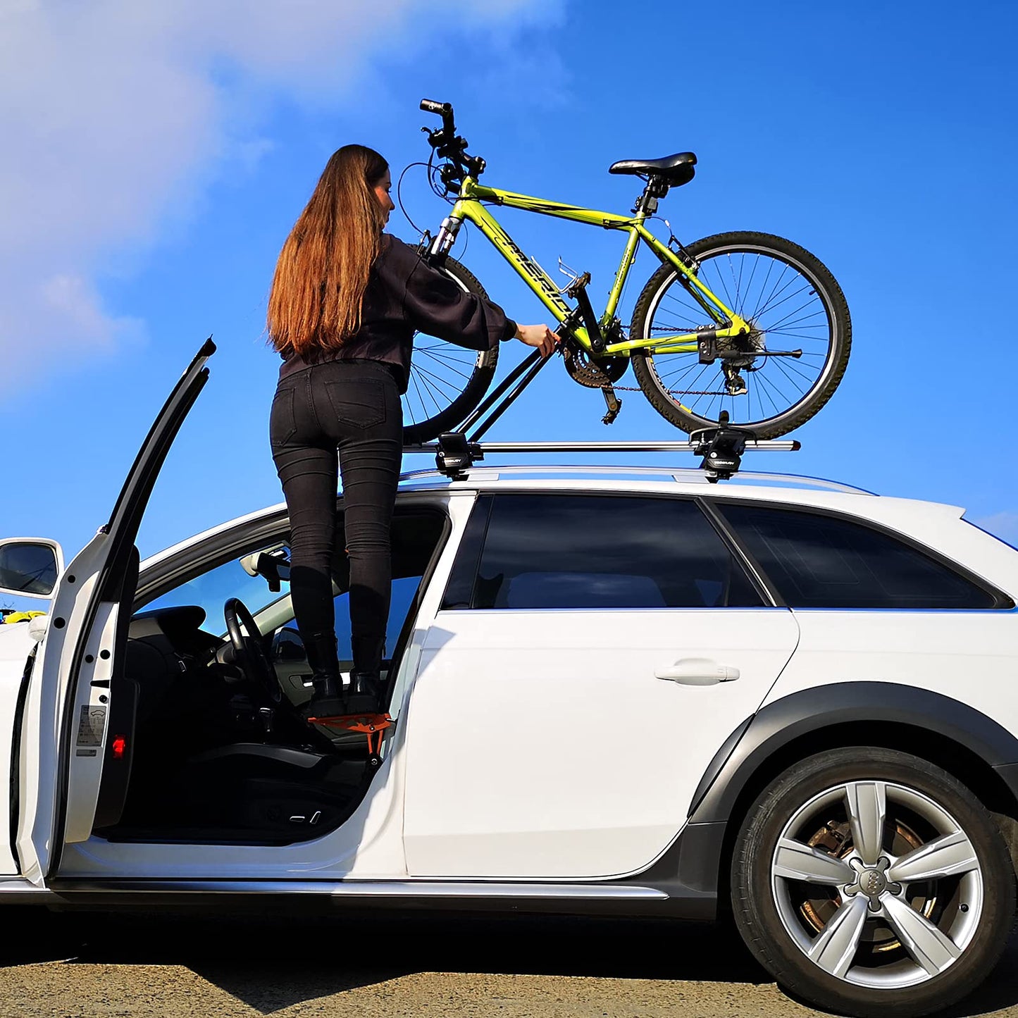 TOOENJOY Universal Fit Car Door Step, Foldable Roof Rack Door Step Up on Door Latch, Supports Both Feet, Easy Access to Rooftop for Most Car, SUV, Truck, Max Load 400 lbs (Orange)