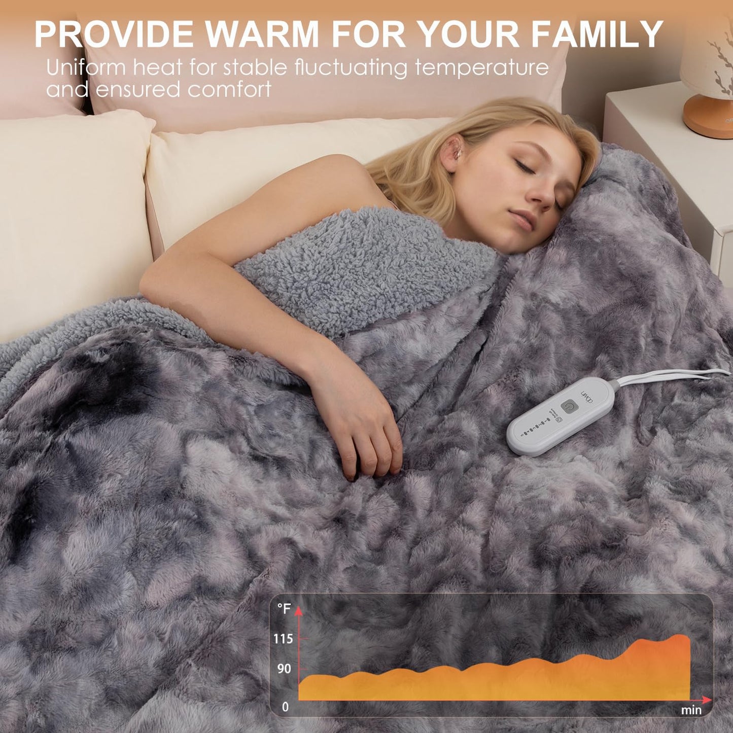 Electric Throw Blanket,50"x 60" Reversible Faux Fur Heated Blanket Throw,5 Heating Levels & 4Hrs Auto Off,Over-Heat Protection Heating Blanket, Machine Washable,Grey