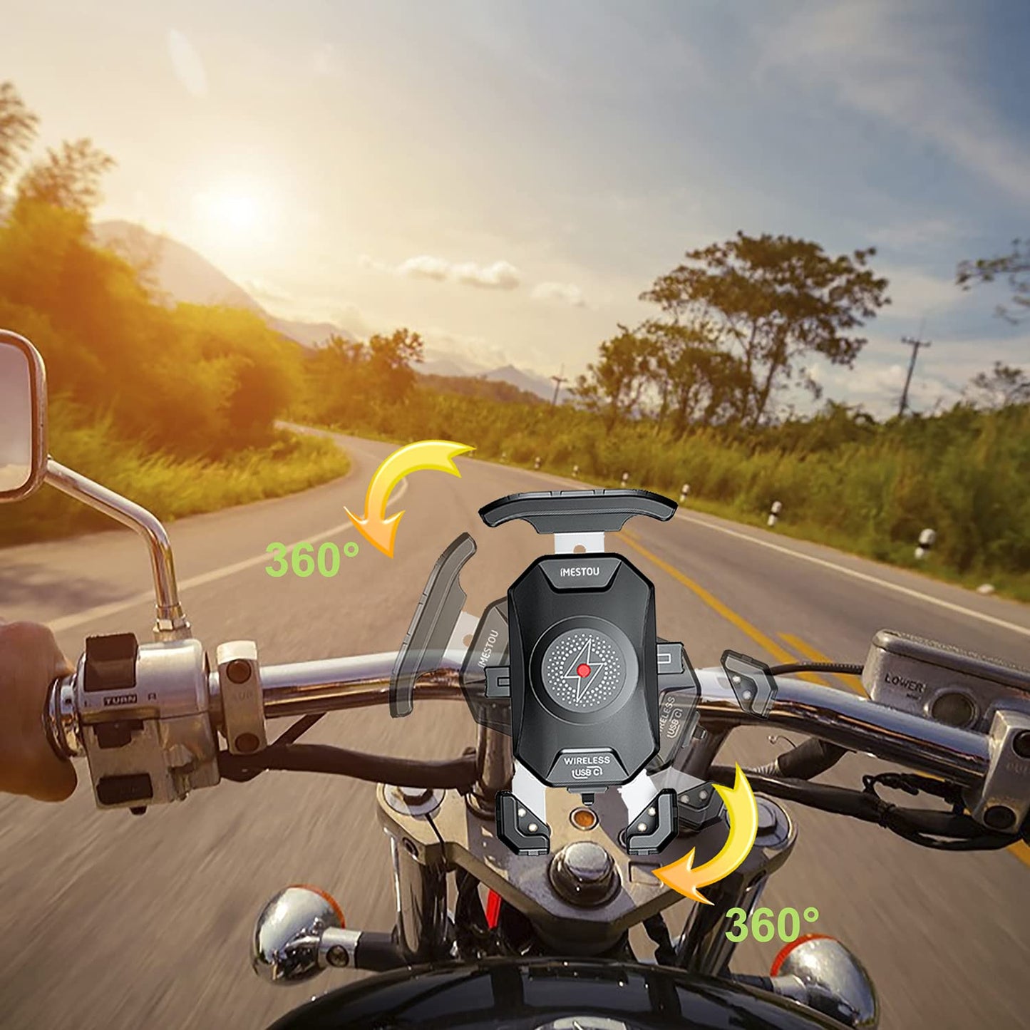 iMESTOU Anti-Thief Motorcycle Wireless Phone Mount Charger 15W & USB C 3A Handlebar 1" Ball Stem Phone Holder Works with 12V/24V Vehicle/USB Socket Quick Charge for 4.0-7.0" Cellphones