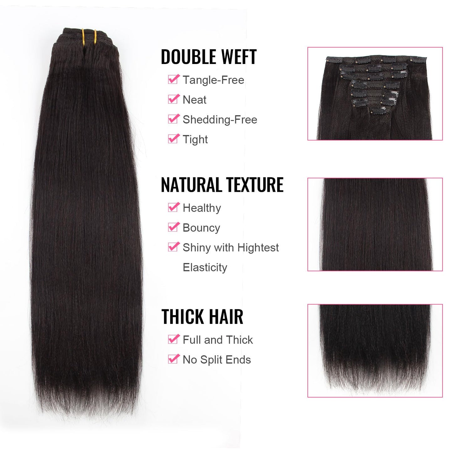 ABH AmazingBeauty Hair Yaki Straight Clip in Hair Extensions Real Remy Thick Natural Black for African American Relax Hair 7 Pieces 120 Gram Per Set, 16 Inch
