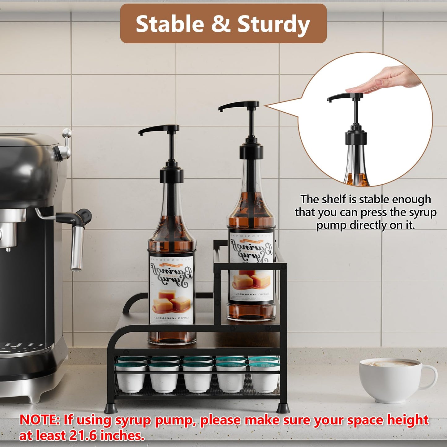 Coffee Syrup Rack Organizer, 3-Tier 8 Bottles Syrup Rack with 35 K Cup Storage Basket Coffee Bar, Countertop Bottle Holder Stand for Wine, Dressing for Kitchen Cafe Station