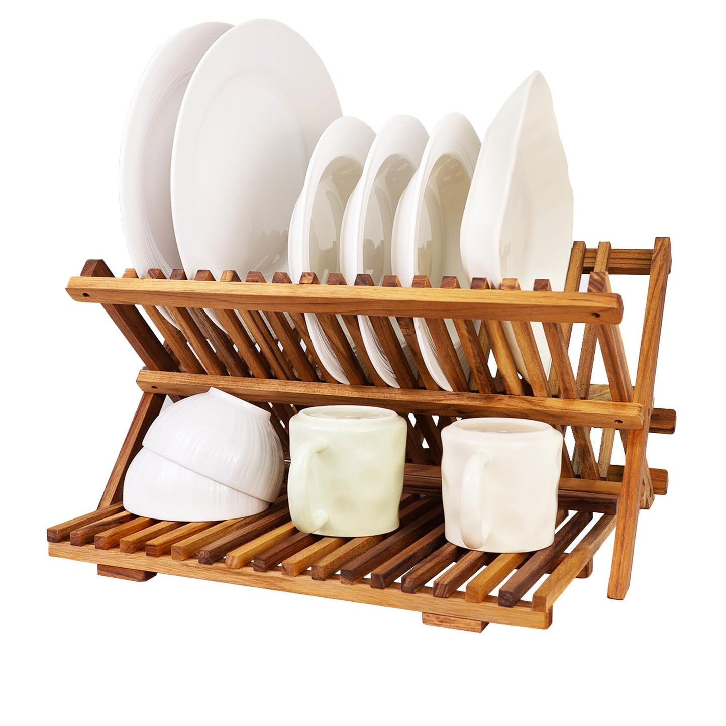 Utoplike Teak Wood Dish Rack, 3 Tier Dish Drying Rack Collapsible, Folding Dish Drainer Rack Wood, Space-Saving Countertop for Dishes, Plates, Cups