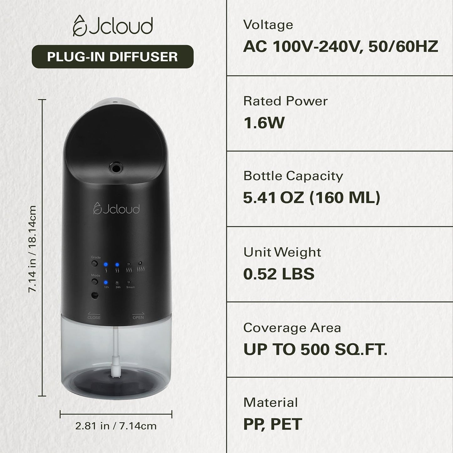 JCLOUD 2025 Plug in Diffuser for Essential Oils, Waterless Scent Diffuser Cover Up to 500 Sq. Ft. for Home, Office, Spa – Portable Smart Wall Diffuser 160ML, Black
