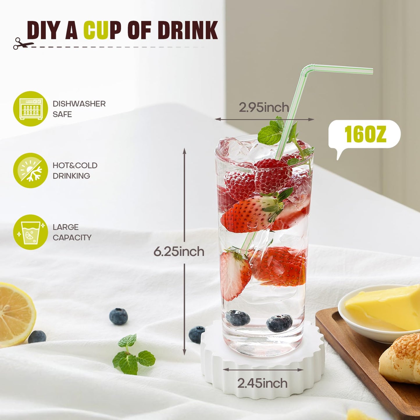 OUWO Highball Glasses Set of 6, 16oz Tall Drinking Glasses, Water Glass for Kitchen, Tom Collins Glass, Cocktail Glasses for Bar Glassware