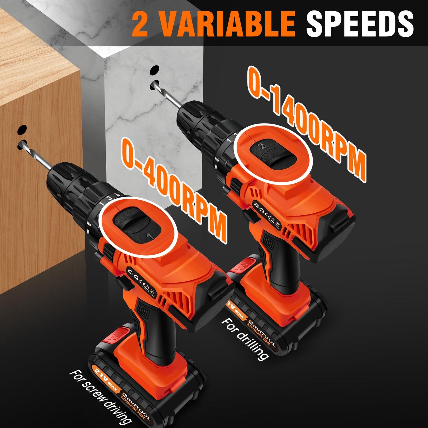 21V Cordless Power Drill with Two Batteries,Electric Screwdriver Drill Set, 2 Variable Speed,25+1 Torque Setting,29PCS Accessories,LED Work Light for Home and Garden DIY Project Kit(45Nm/Orange)