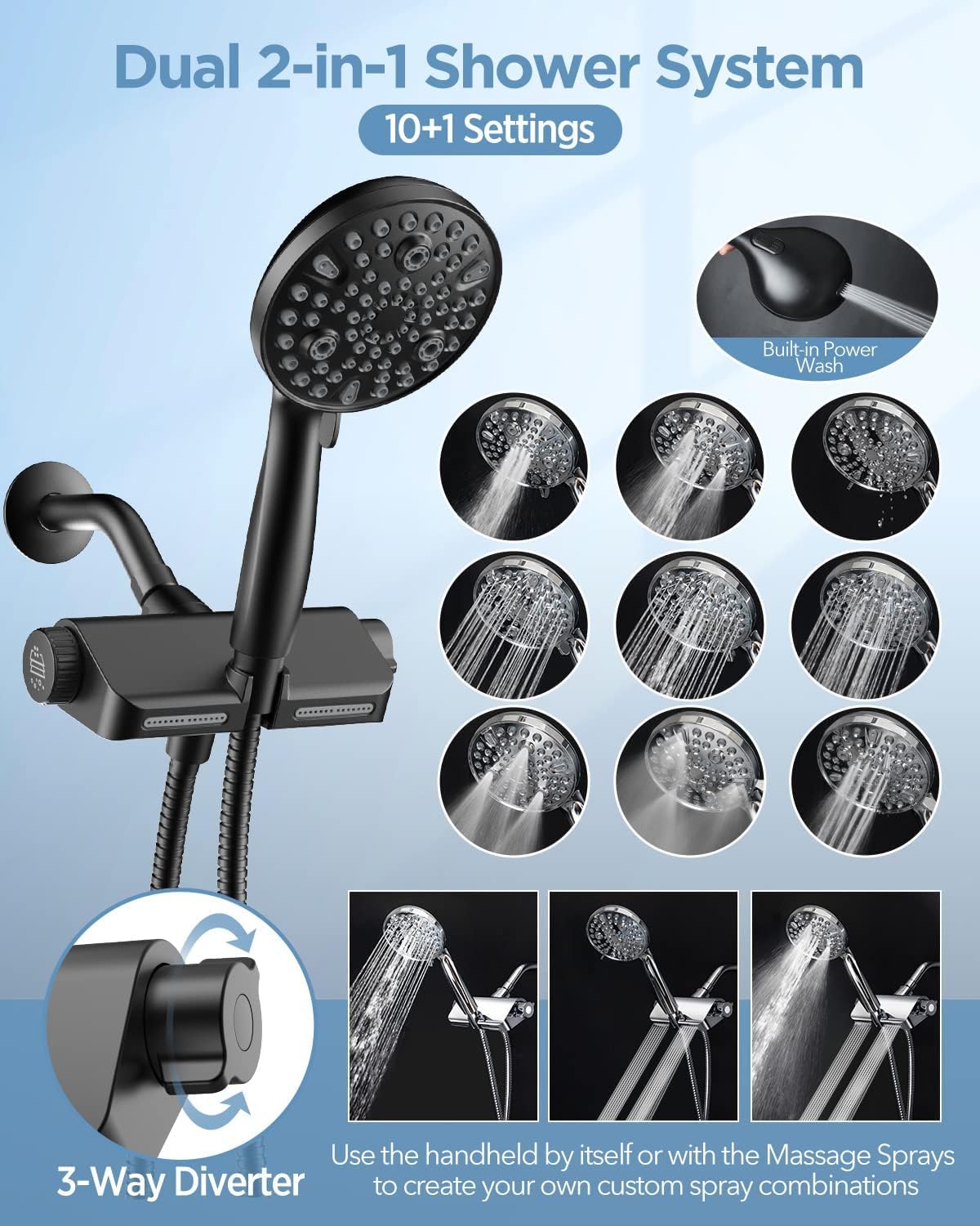 Filtered Shower Head with Handheld Combo Matte Black - Dual 2-in-1 Spa System with Massage Shower Head and 10 Modes Hand Held Shower Head, High Pressure Shower Head, Built in Power Wash Mode