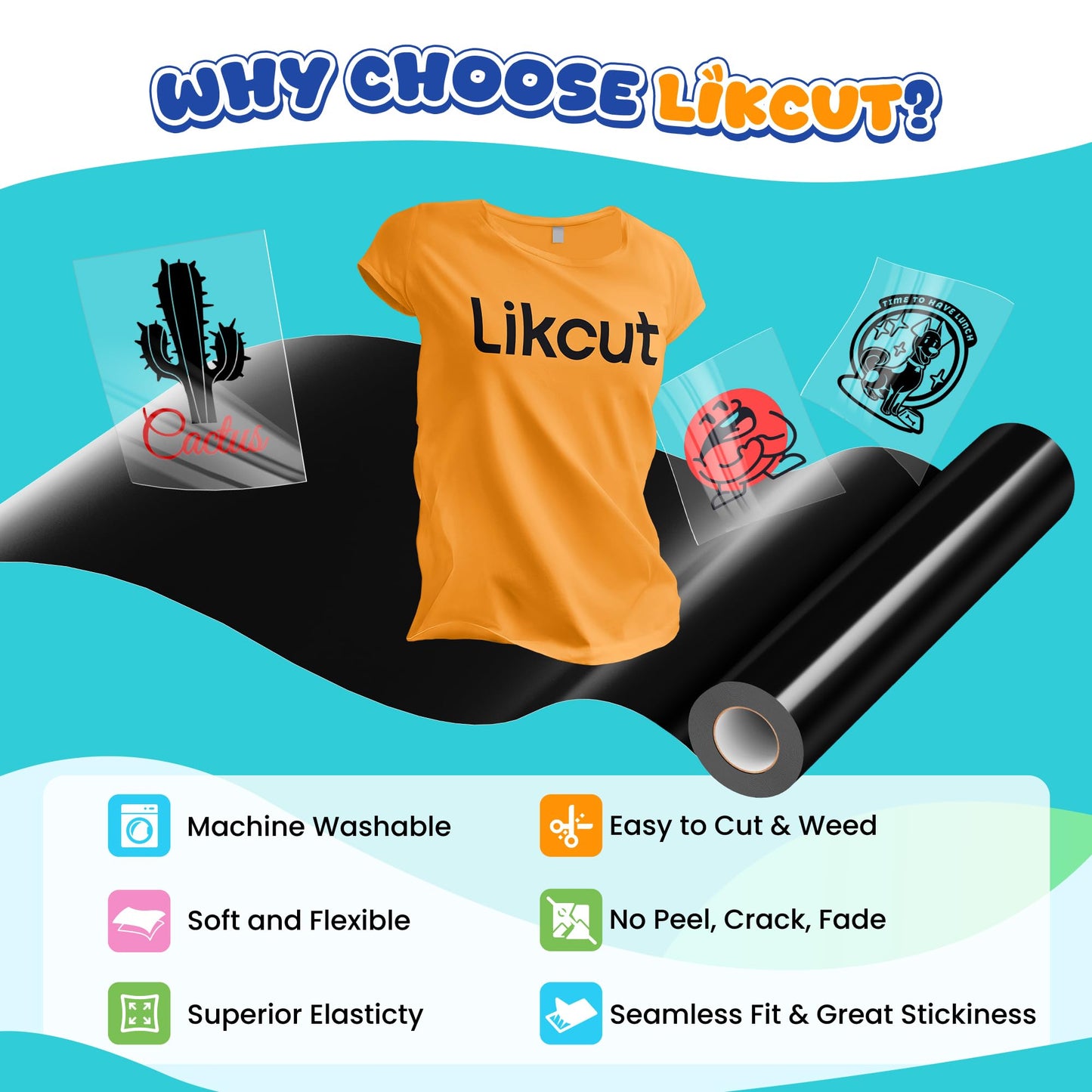 Likcut Heat Transfer Vinyl Black for T-Shirts 12" x 35ft Iron on Vinyl Roll Compatible with All Cutter Machine, HTV Heat Press Vinyl-Easy to Cut & Weed for Fabric Design