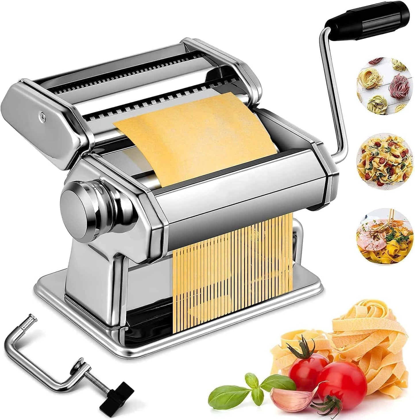 Pasta Maker, 150 Roller Pasta Machine, 7 Adjustable Thickness Settings Noodles Roller with 2-in-1 Noodles Maker with Rollers and Cutter, Perfect for Spaghetti,Fettuccini, Lasagna or Dumpling Skins