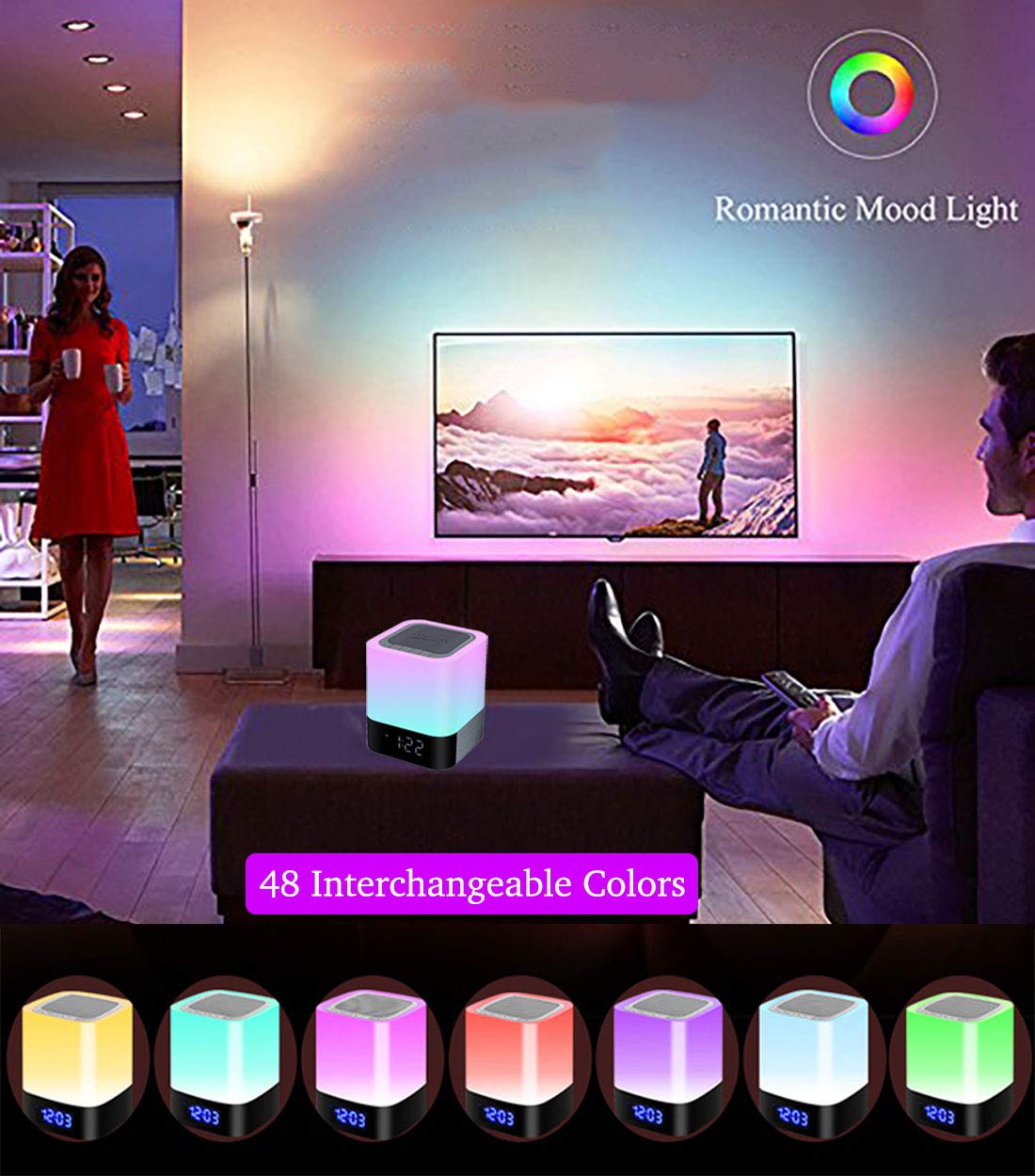 Night Lights Bluetooth Speaker,HoaBoly Alarm Clock Wireless Bluetooth Speakers,Touch Sensor Bedside Lamp,Color Changing Night Lights for Kids,MP3 Music Player, Speakerphone/TF Card/AUX-in Supported