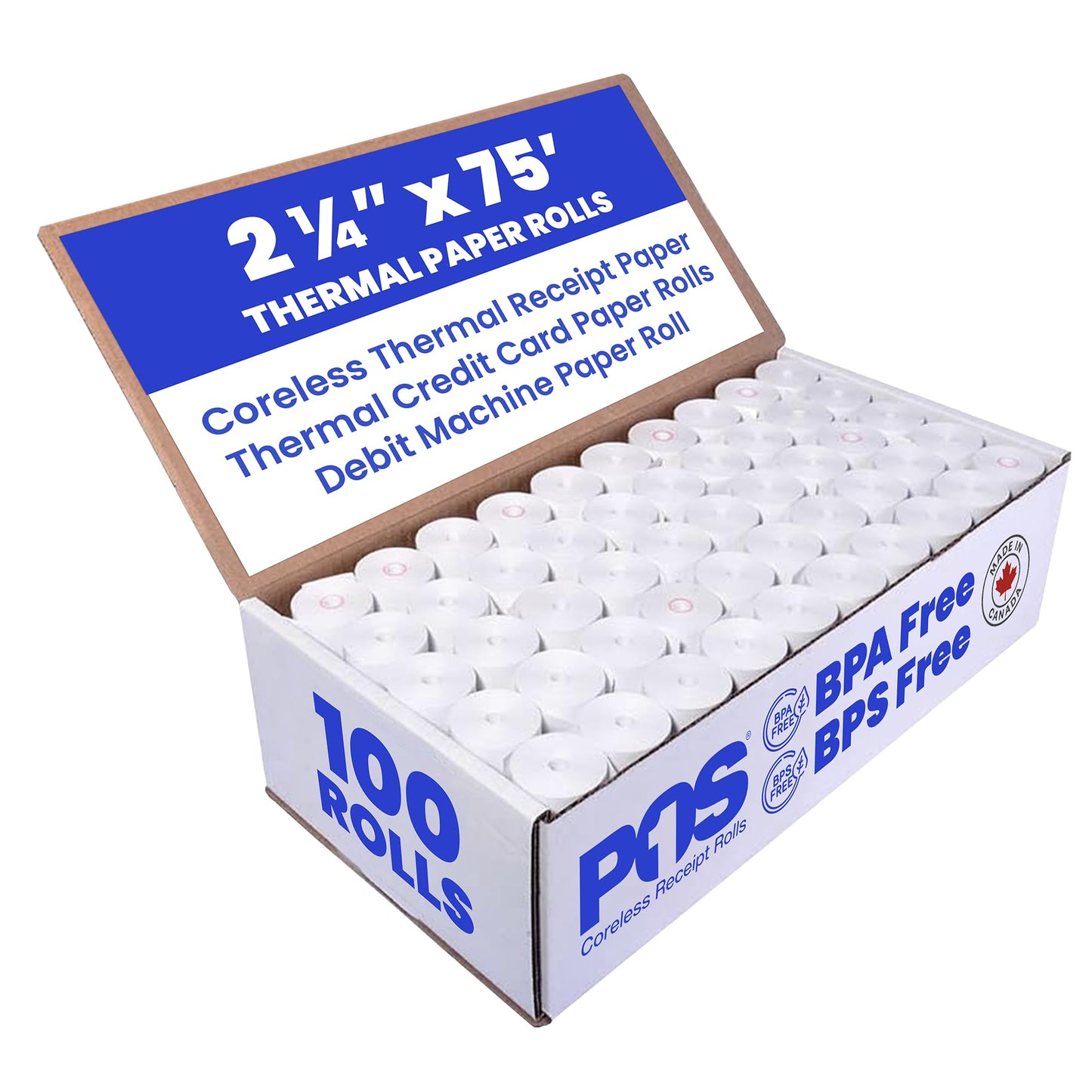 POS1 2 1/4 x 75 feet x 100 Rolls CORELESS BPA Free Thermal Paper Rolls for Handheld Thermal Receipt Paper Printers. 38mm Diameter