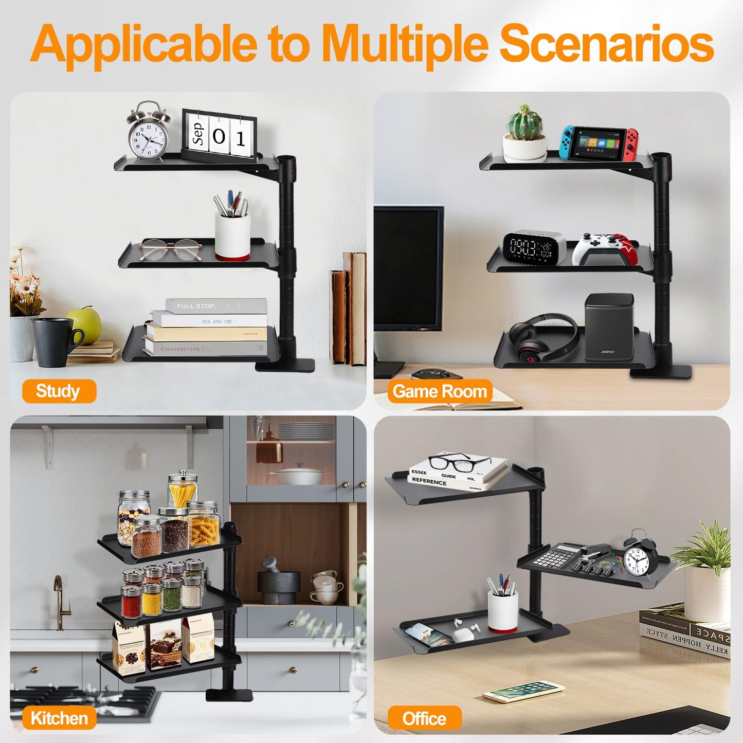 FBOAZI 3 Tier Clamp On Desk Shelf，Adjustable Above or Under Desktop Organizer ，360° Rotatable Carbon Steel Storage Tray for Home Office and Gaming Accessories（Black）