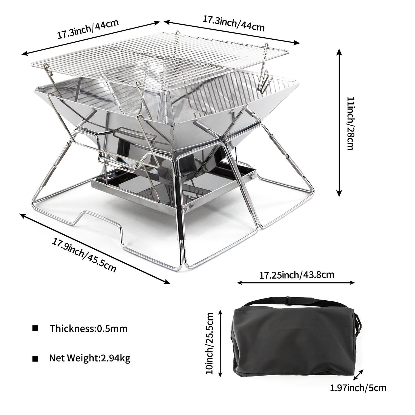 Collapsible Stainless Steel Fire Pit -OZHOMY Portable 304 Stainless Steel Grill Campfire Pit Liftable Wood Burning Charcoal Grill with Ashtray for Camping Picnics Backpacking Backyard Garden (Large)