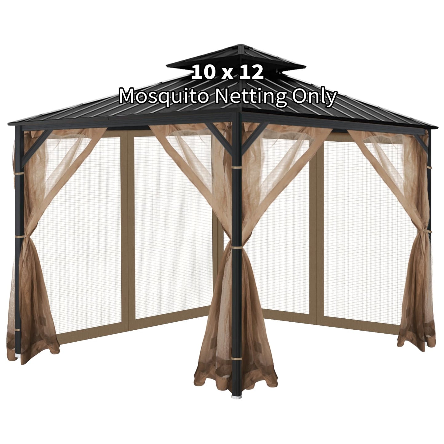 OIPUNSHLE Gazebo Universal Replacement Mosquito Netting, 10'x12' Gazebo Netting Outdoor, 4-Panel Screen Walls for Outdoor Patio with Zipper (Mosquito Net Only) (Brown)