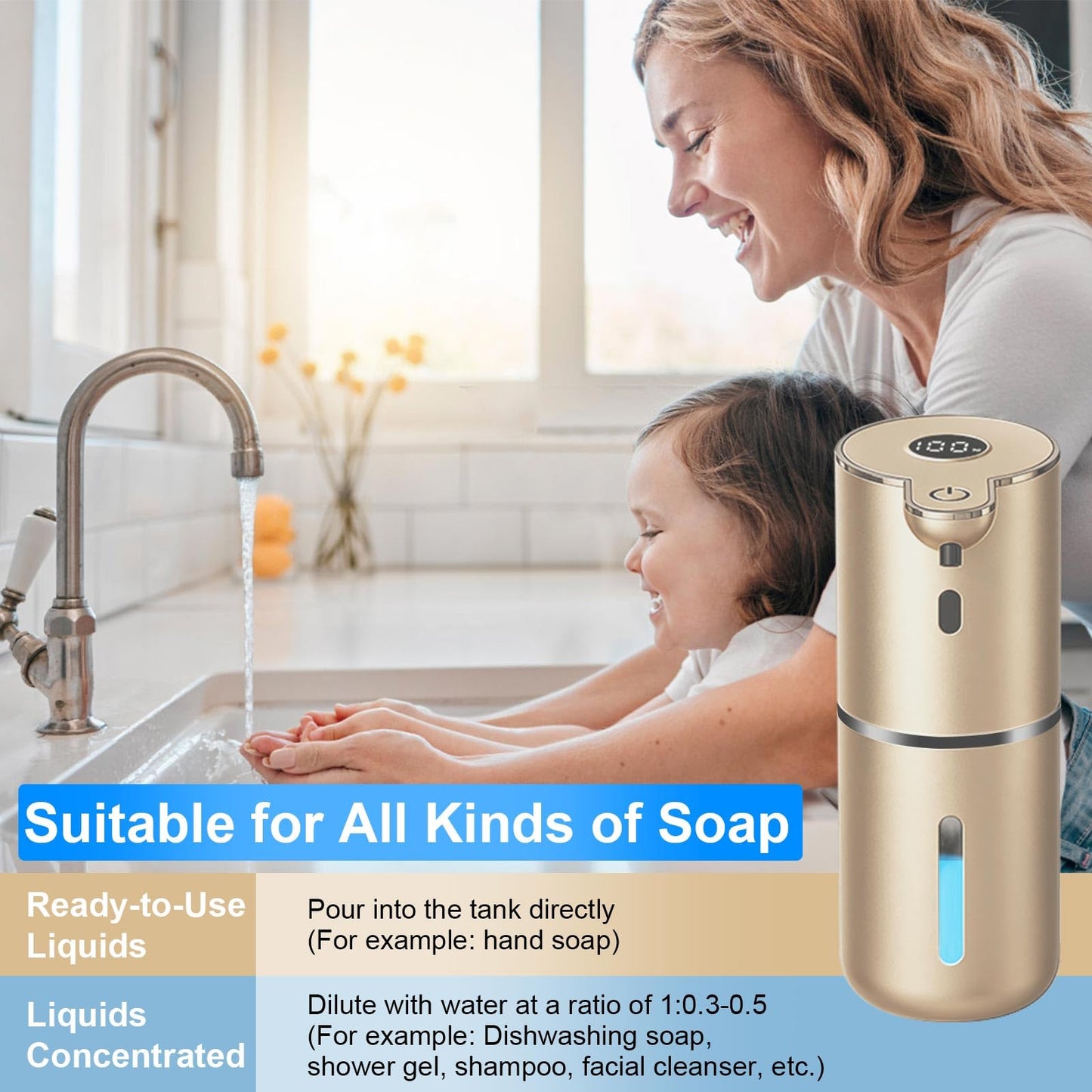 OHIFAST Automatic Liquid Soap Dispenser Touchless, USB Rechargeable Smart Hand Soap Dispenser, 6-Level Adjustable, 12.8oz/380mL Wall Mounted for Bathroom Kitchen Accessories Dish Soap-Gold