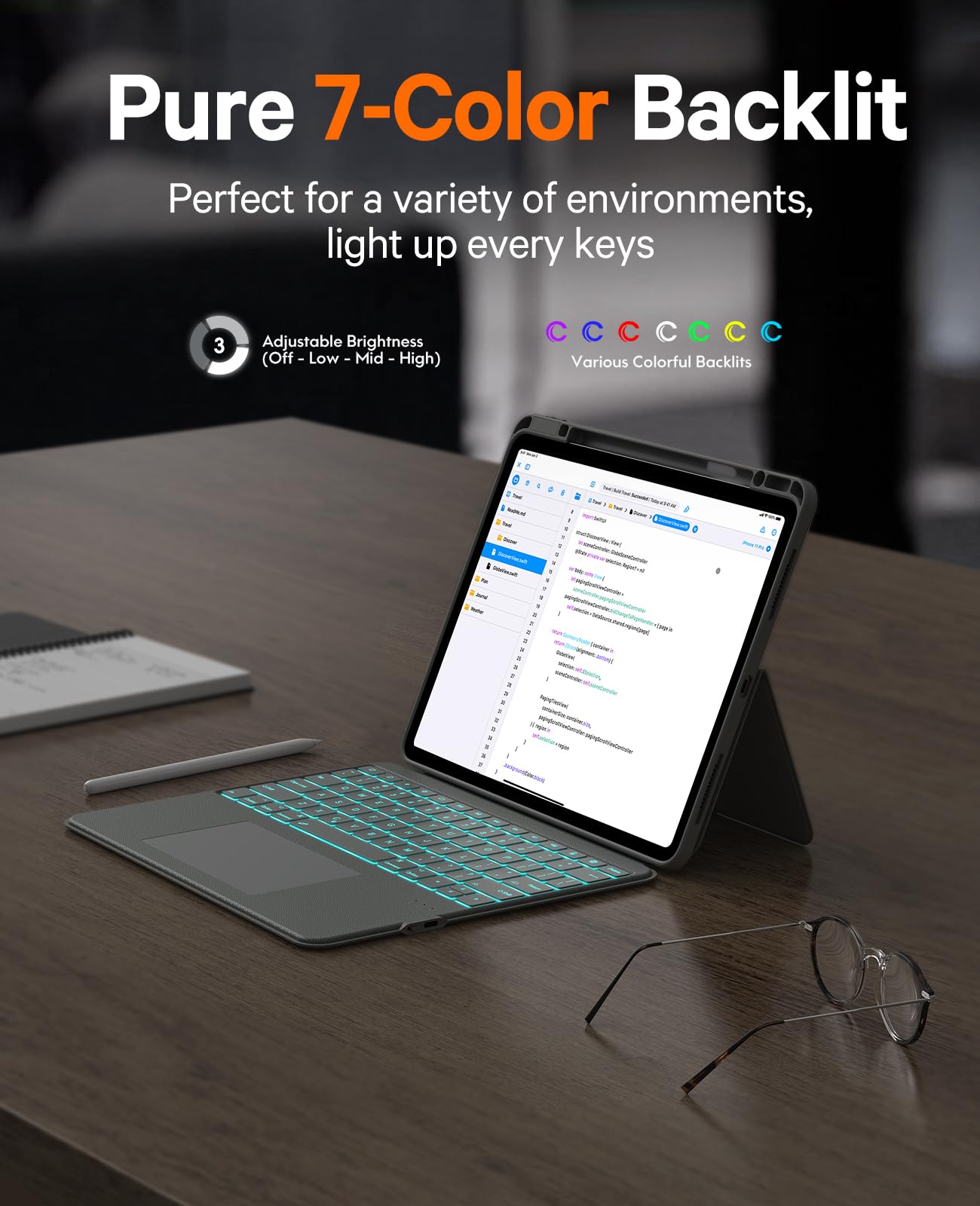 CHESONA for iPad Air 13 Inch (M3/2025, M2/2024) & iPad Pro 12.9 Case with Keyboard, Portrait/Landscape, Rugged Magnetic Detachable Case with 7-Color Backlit, Smart Trackpad, 15°-180° Adjustable, Gray