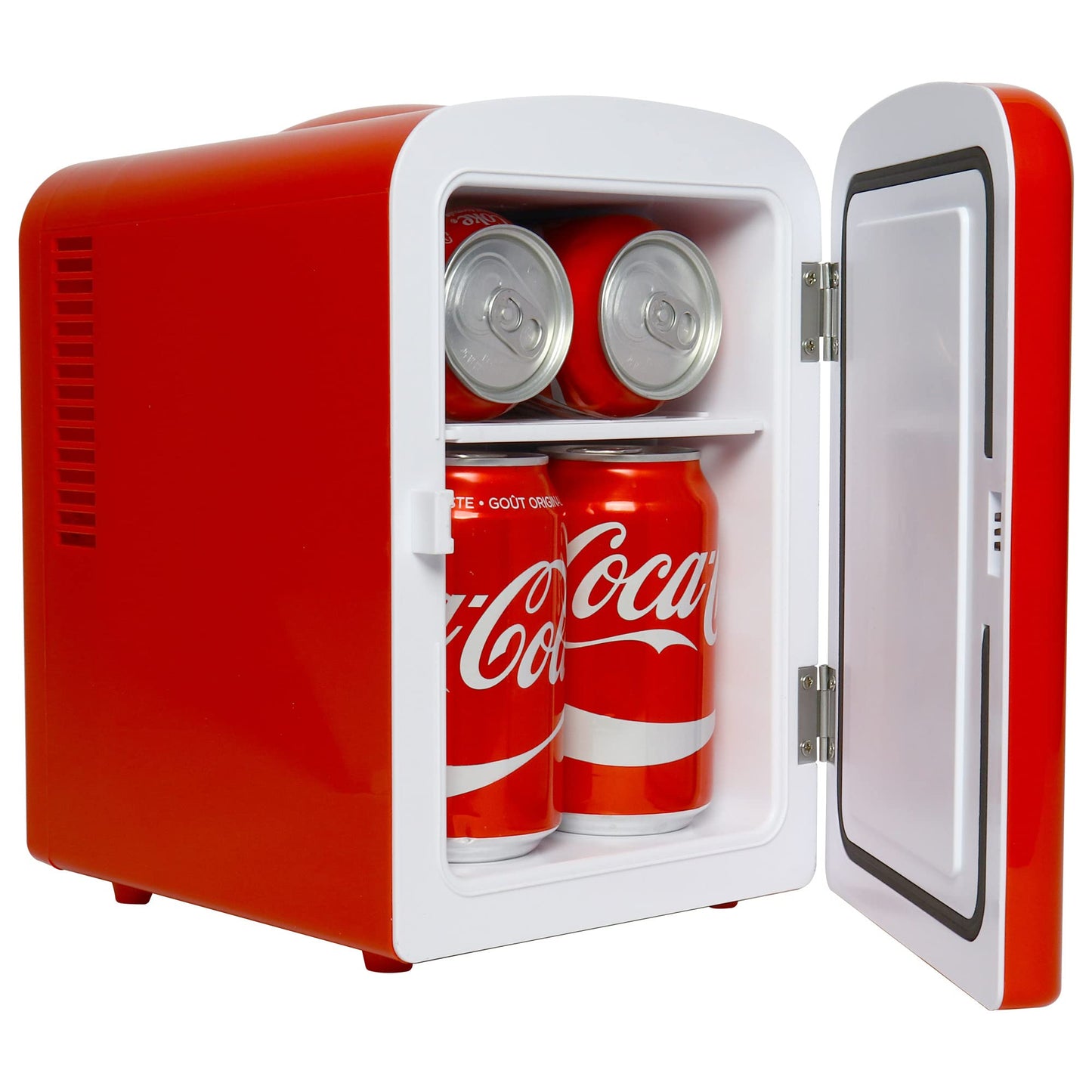 Coca-Cola 12V Portable Built in Speaker with 4L Mini Fridge, Compact Speaker and Personal Cooler/Warmer for Desk Office Dorm, Unique Gift for Music-Lovers and Students