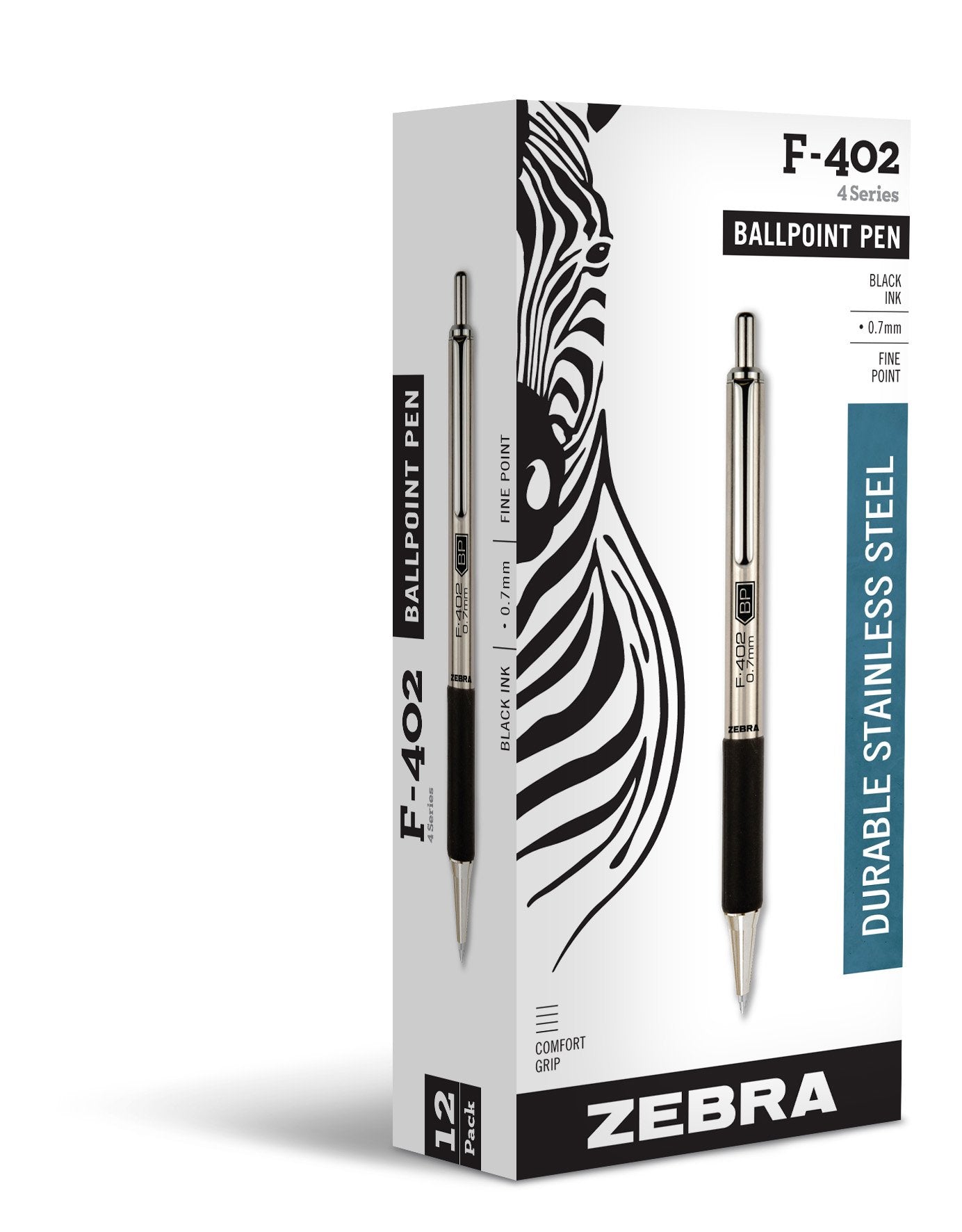 Zebra Pen F-402 Stainless Steel Retractable Ballpoint Pen, 0.7mm, Black, Pack of 12 (29210)