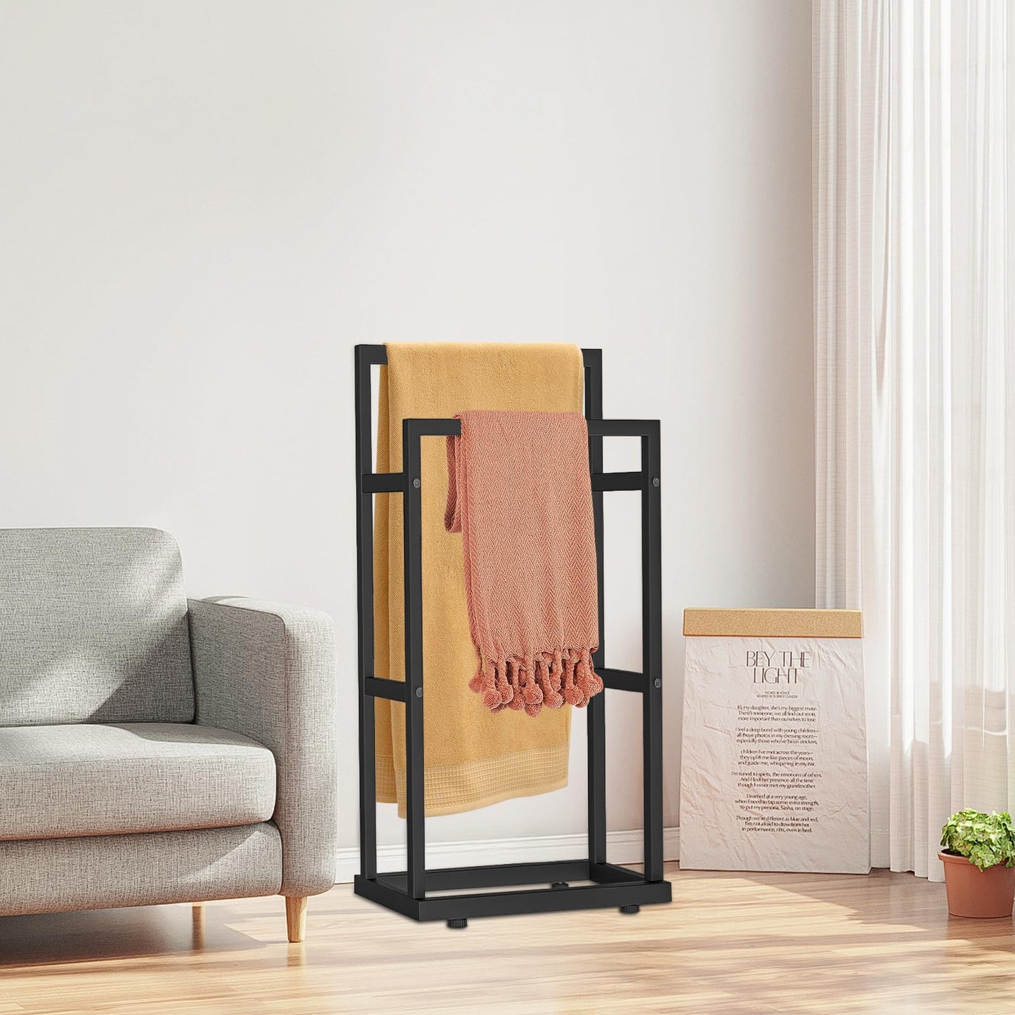 Free Standing Towel Racks for Bathroom, 2 Tier 43" H Freestanding Towel Holder, Floor Towel Drying Rack for Hand Towel Matte Black