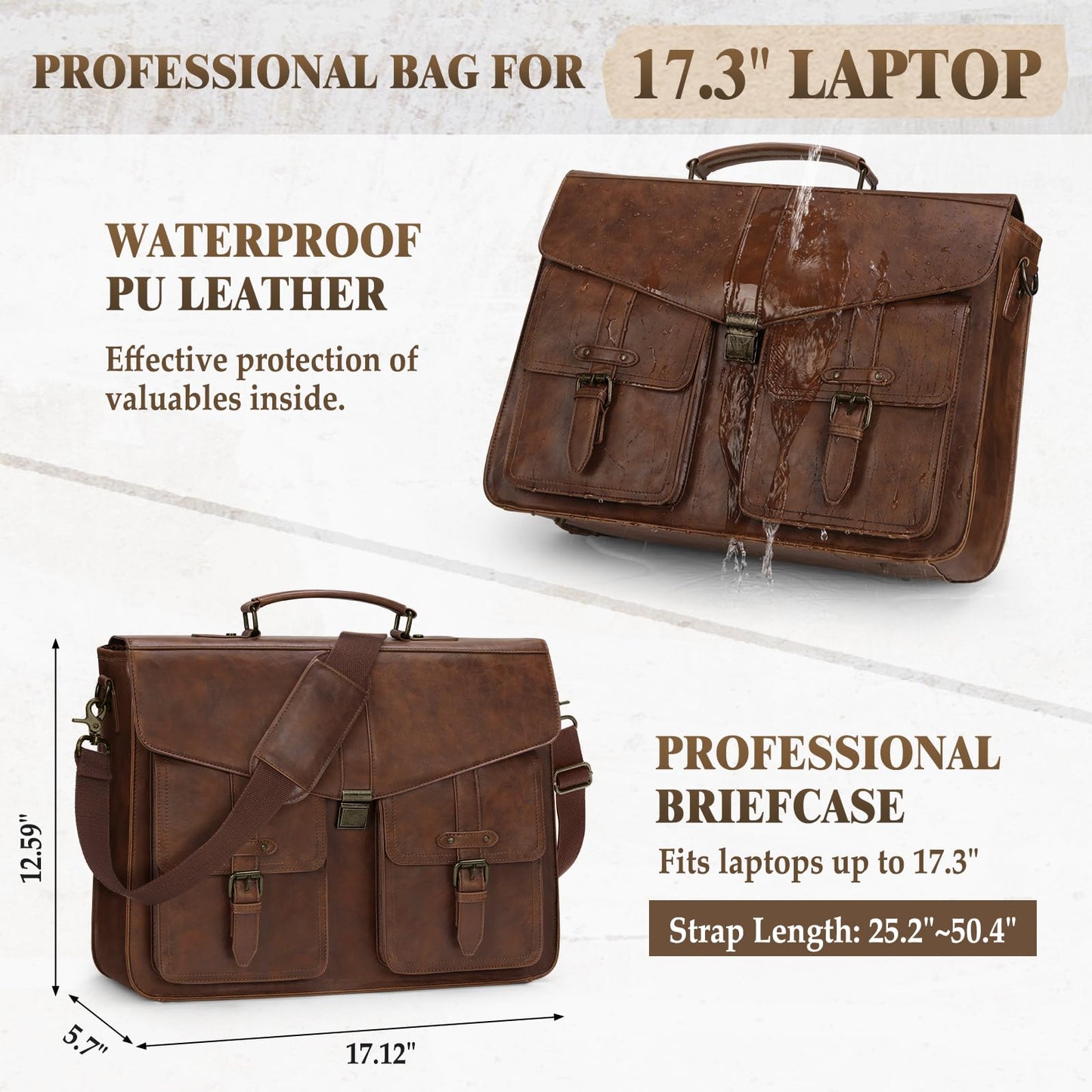 RAINSMORE Mens Messenger Bag 17 Inch Laptop Briefcase Waterproof Leather Satchel Bag Professional Computer Shoulder Bag for Work, Office, Travel, Business, College, Brown