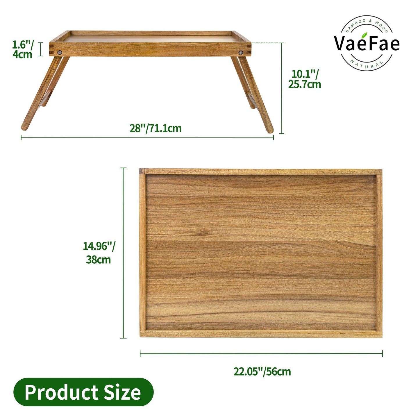 VaeFae Acacia Bed Table Tray, Wooden Breakfast Tray with Folding Legs, Bed Tray for Eating and Laptop, Eating Trays for Bedroom (Extra Large Size)