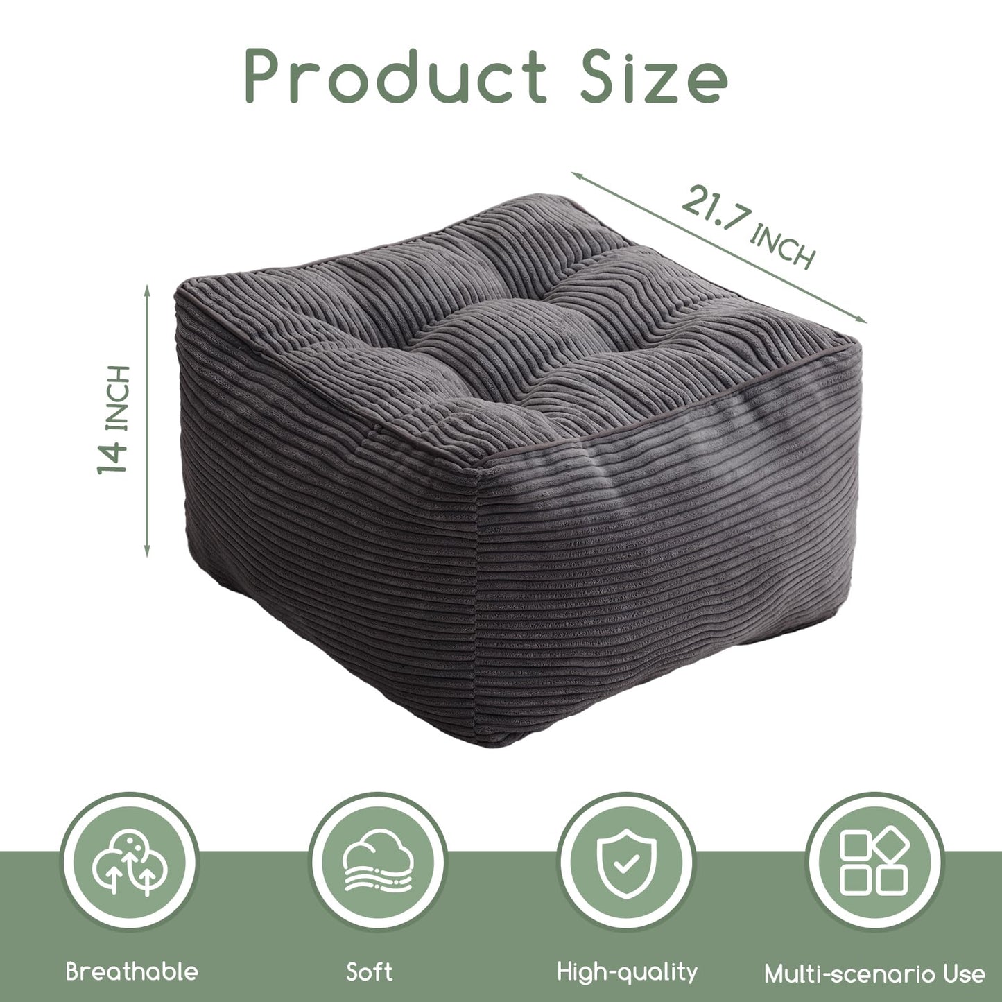 HIGOGOGO Square Stuffed Pouf Ottoman, Corduroy Poufs with Foam Chunk Filling, 21.5 X 21.5 Floor Poufs Foot Rest for Living Room,Dark Gray